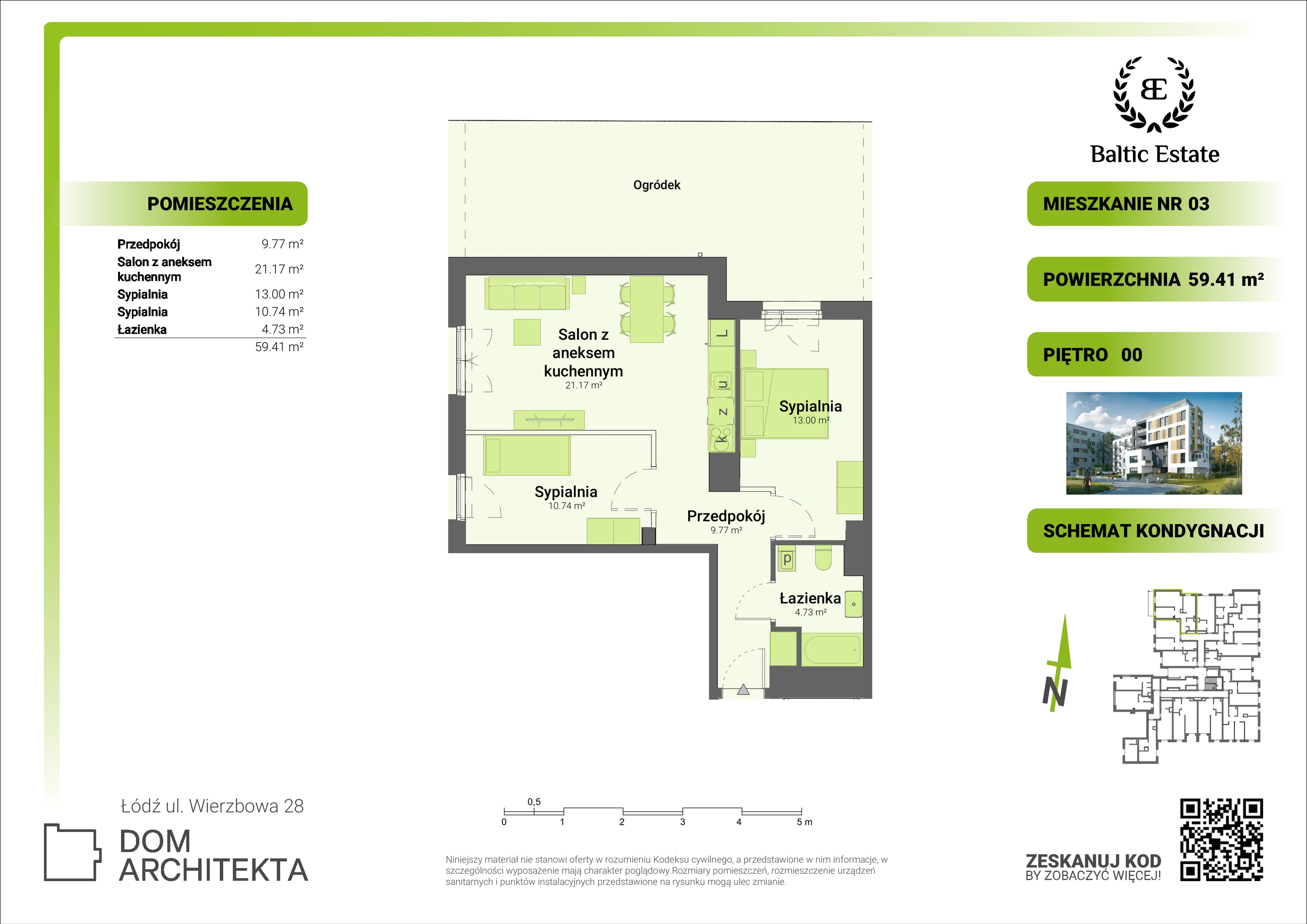 3 pokoje, mieszkanie 59,90 m², parter, oferta nr 00.M.03, Dom Architekta , Łódź, Śródmieście, Śródmieście, ul. Wierzbowa 28