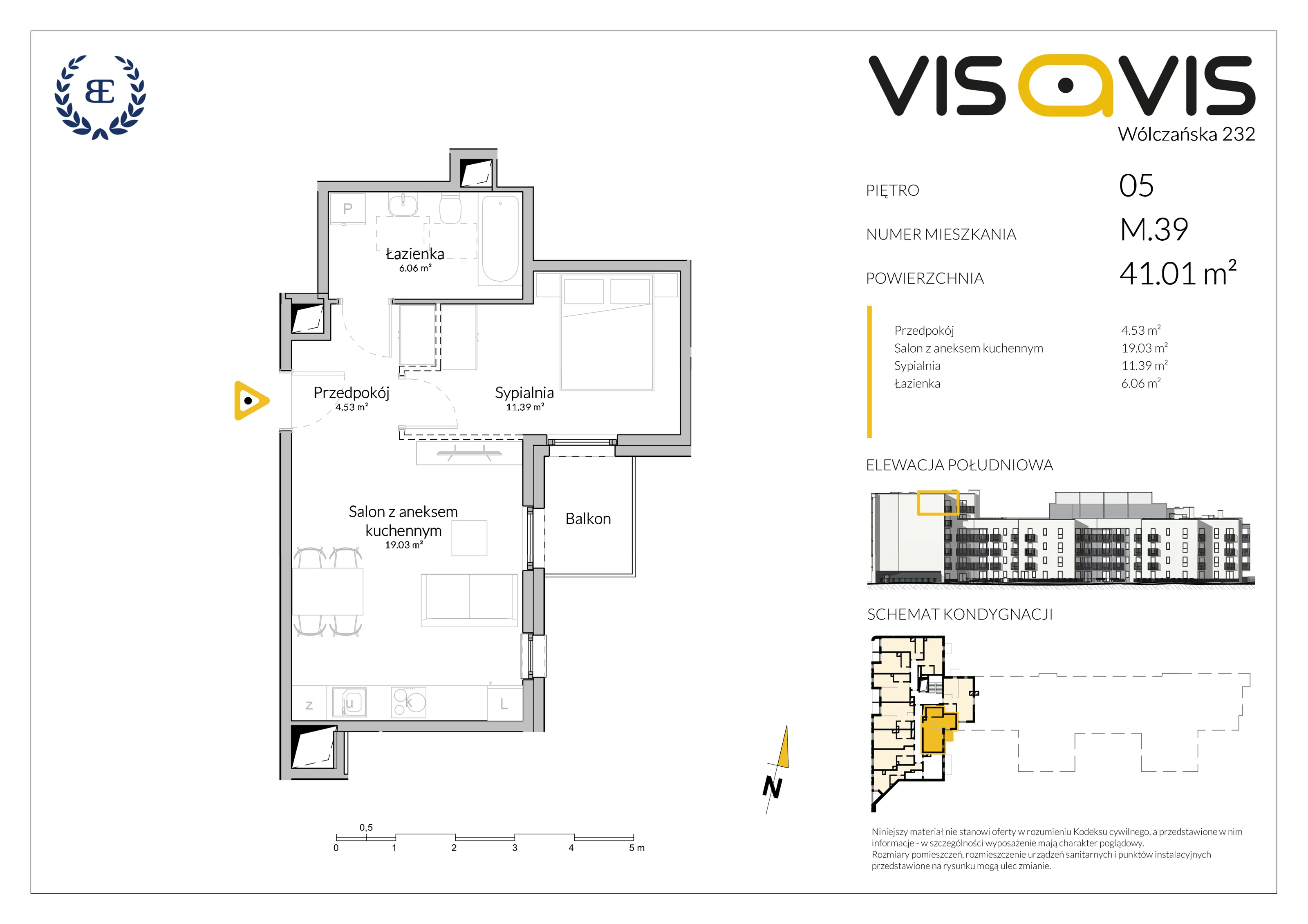 Mieszkanie 41,01 m², piętro 5, oferta nr 05.M.39, Visavis, Łódź, Śródmieście, Śródmieście, ul. Wólczańska 232