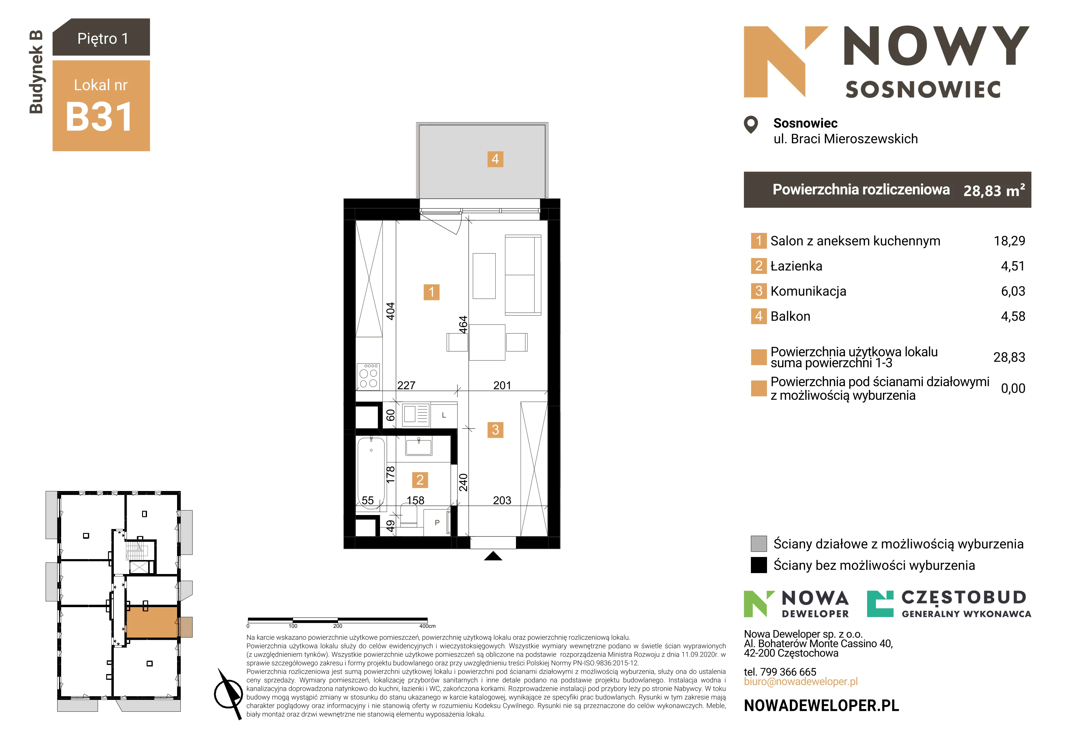1 pokój, mieszkanie 28,83 m², piętro 1, oferta nr 31, Nowy Sosnowiec, Sosnowiec, Zagórze, ul. Braci Mieroszewskich