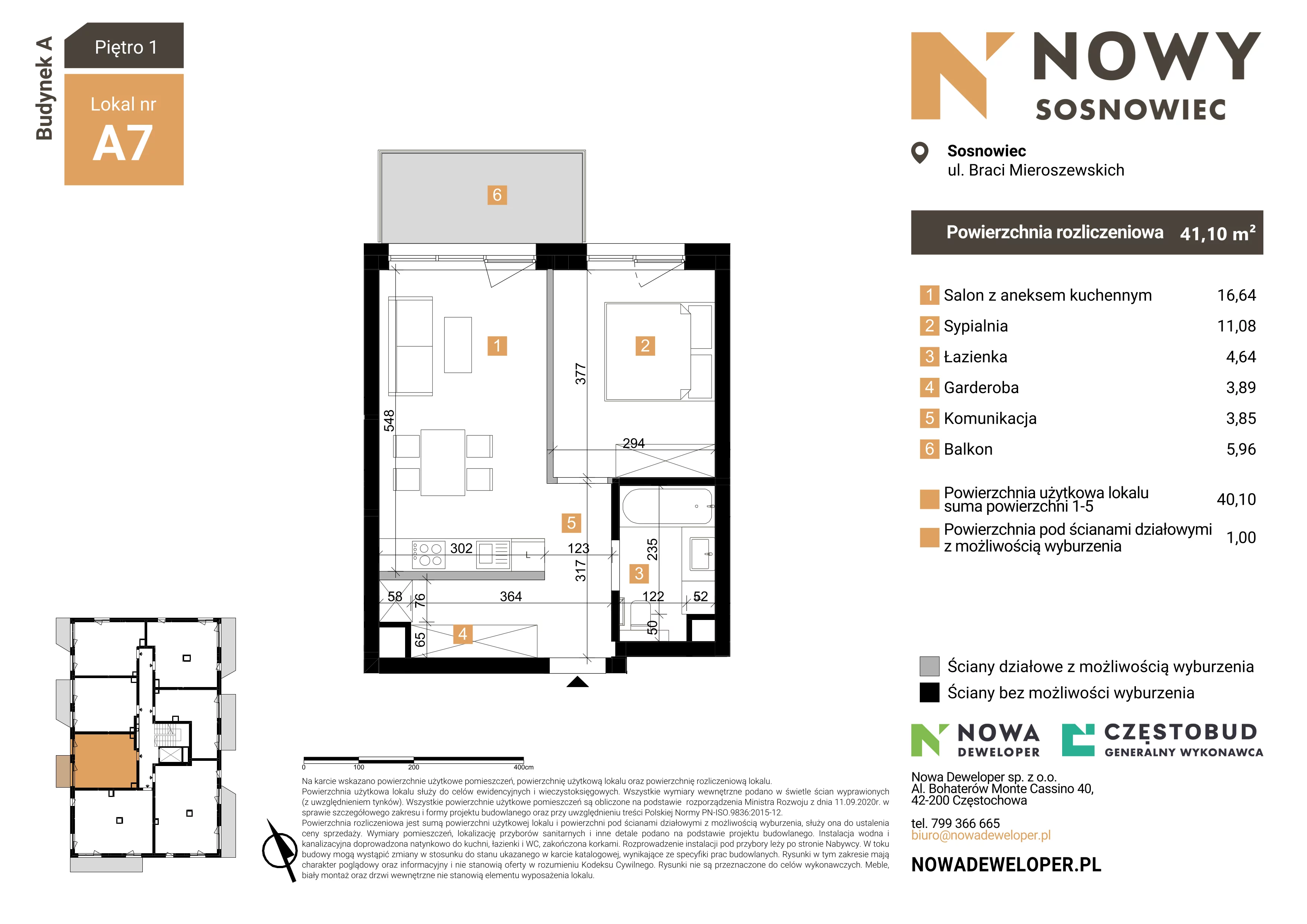 2 pokoje, mieszkanie 41,10 m², piętro 1, oferta nr 7, Nowy Sosnowiec, Sosnowiec, Zagórze, ul. Braci Mieroszewskich