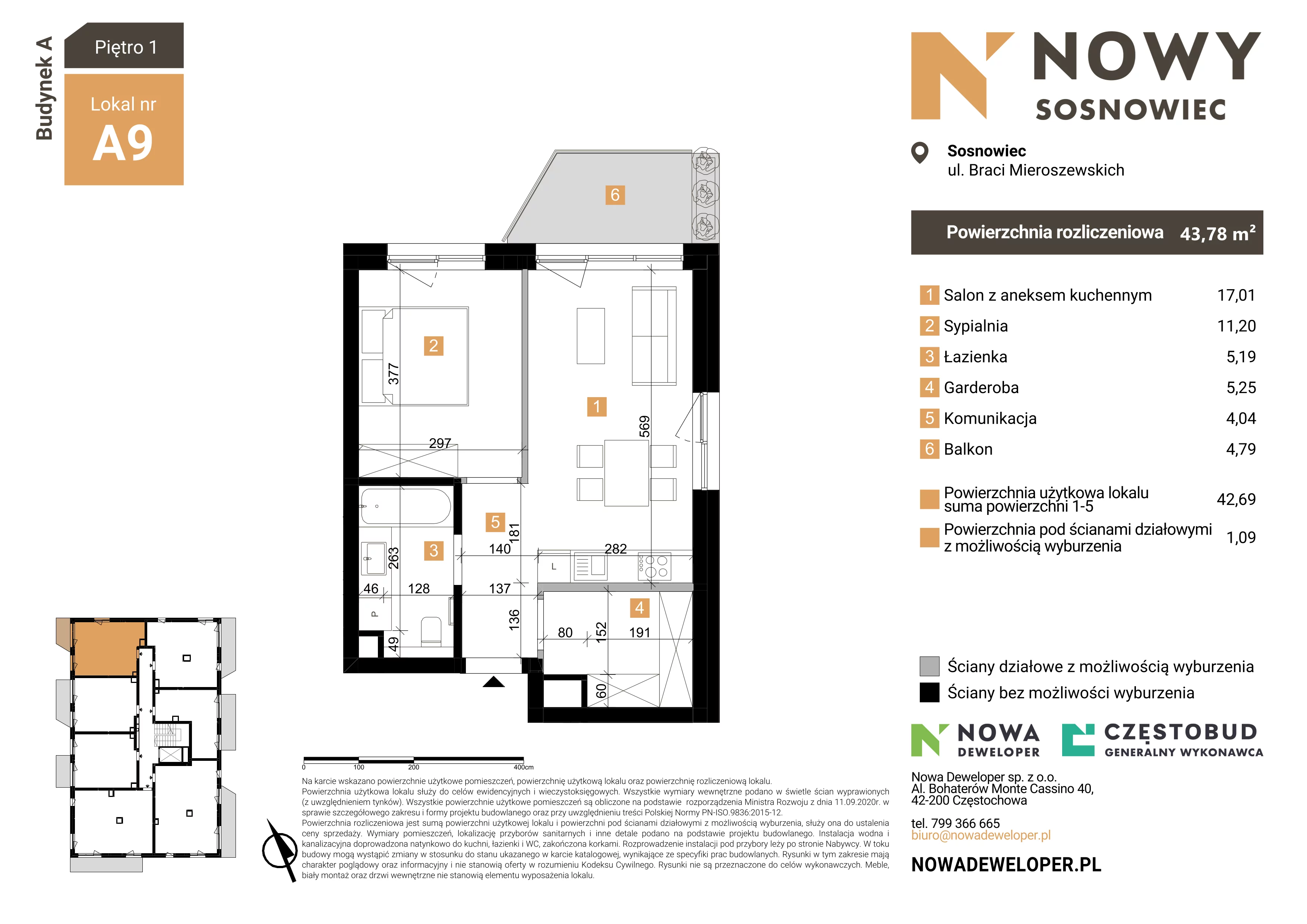 2 pokoje, mieszkanie 43,78 m², piętro 1, oferta nr 9, Nowy Sosnowiec, Sosnowiec, Zagórze, ul. Braci Mieroszewskich