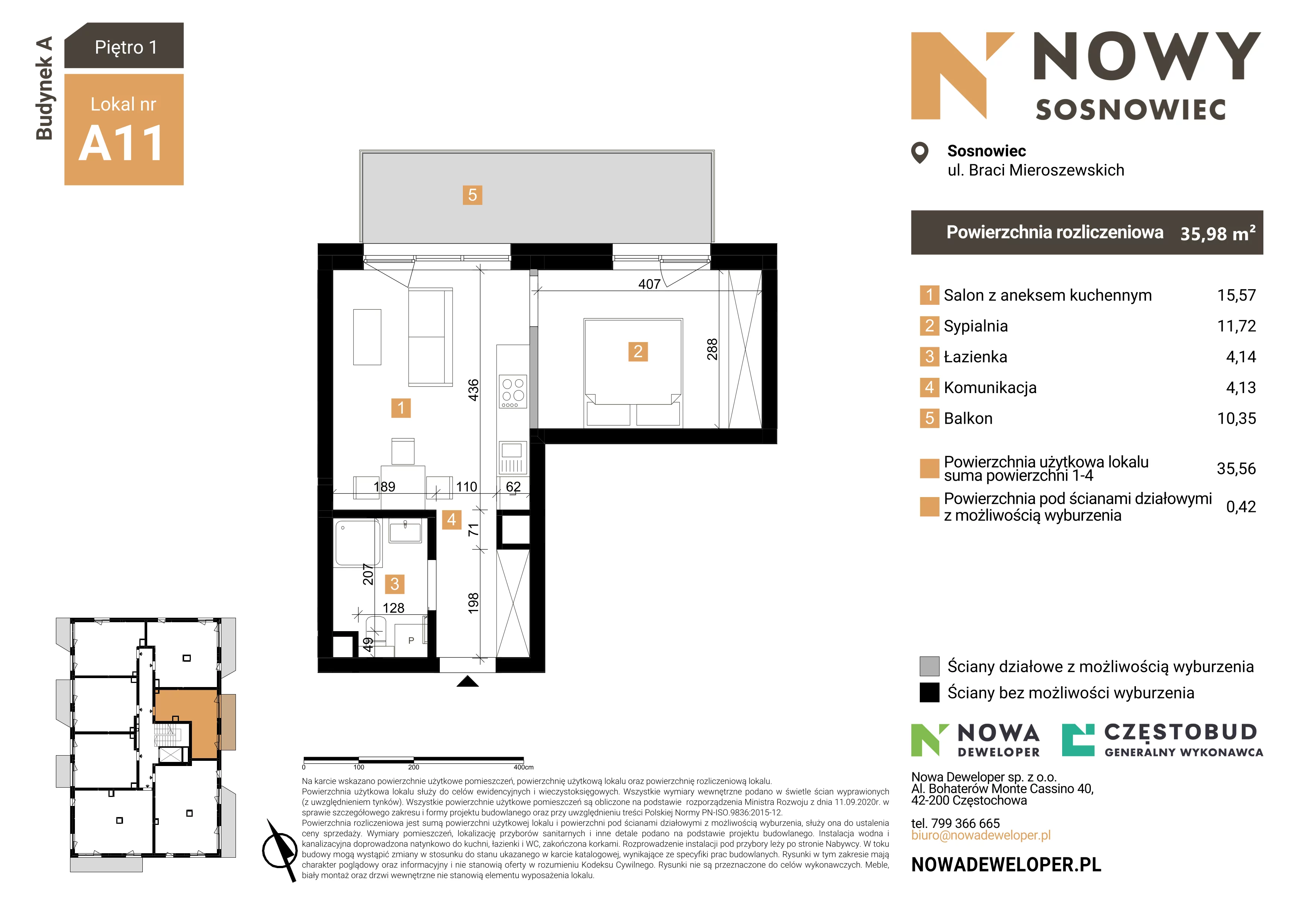 2 pokoje, mieszkanie 35,98 m², piętro 1, oferta nr 11, Nowy Sosnowiec, Sosnowiec, Zagórze, ul. Braci Mieroszewskich