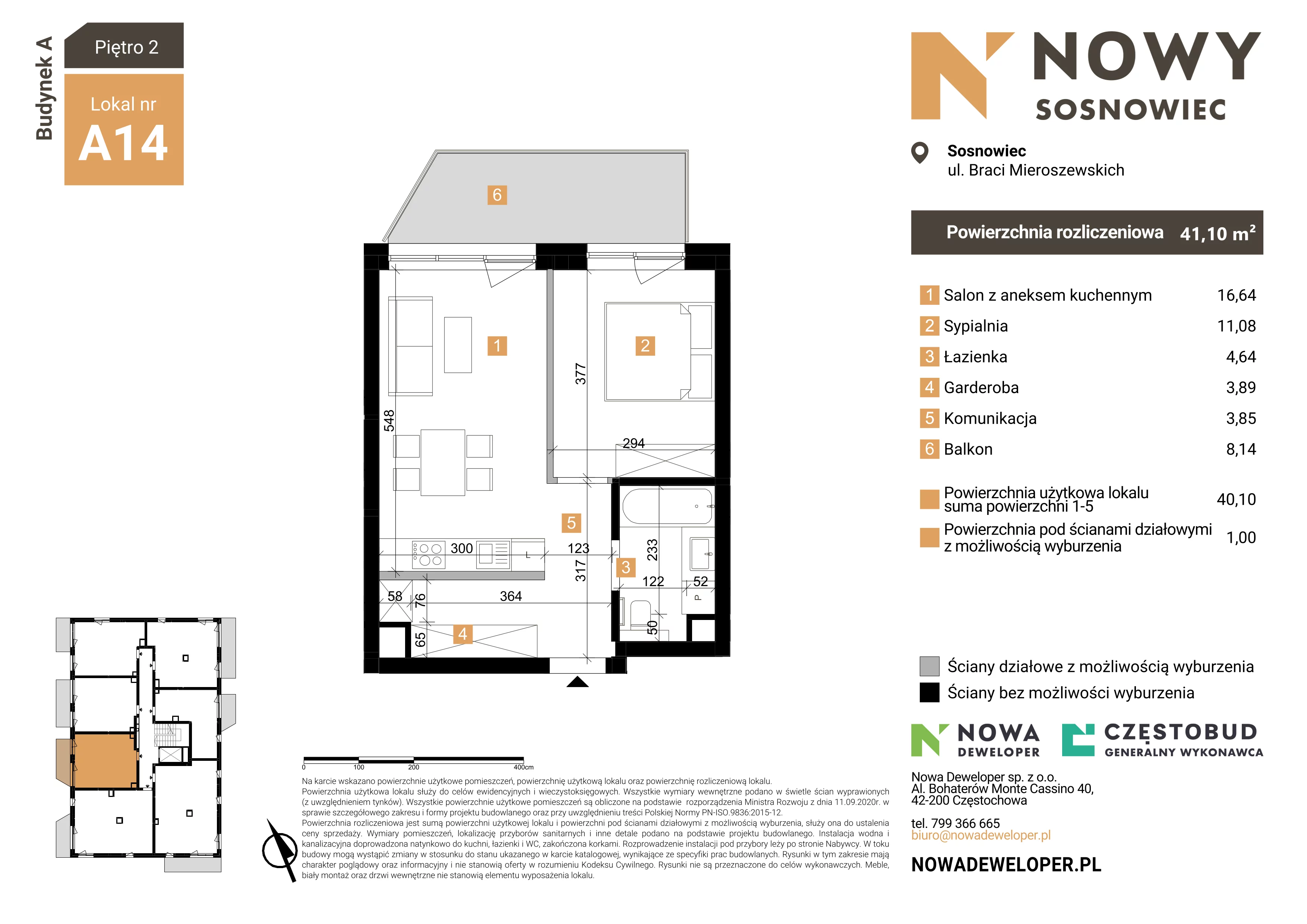2 pokoje, mieszkanie 41,10 m², piętro 2, oferta nr 14, Nowy Sosnowiec, Sosnowiec, Zagórze, ul. Braci Mieroszewskich