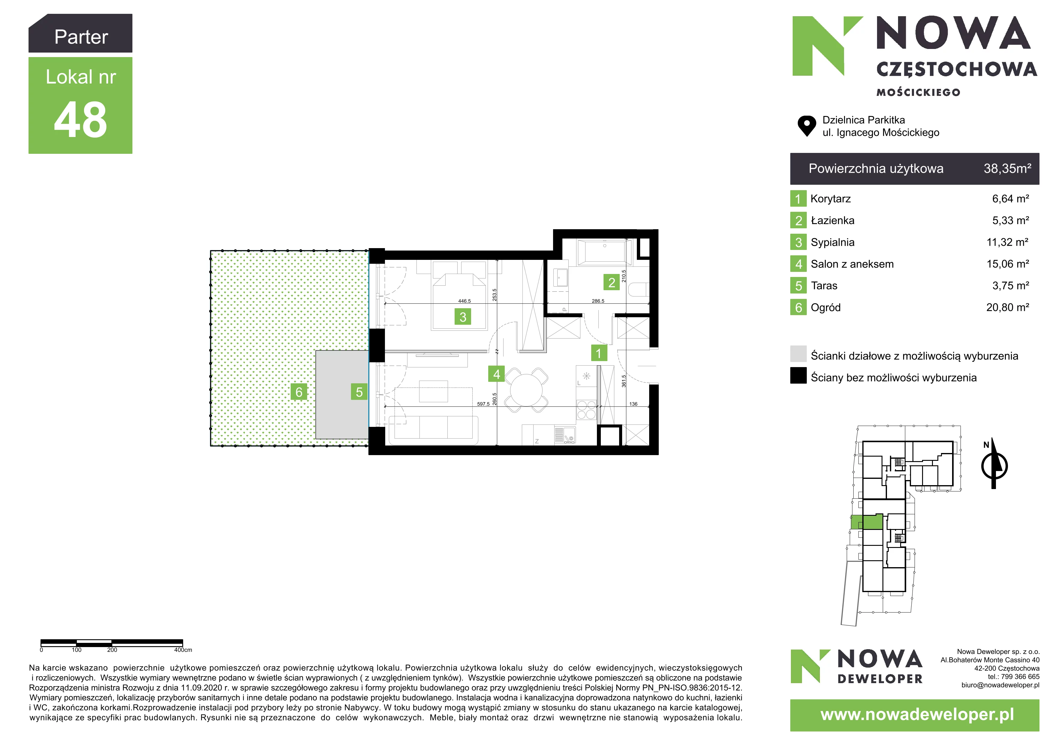 2 pokoje, mieszkanie 38,35 m², parter, oferta nr M48, Nowa Częstochowa Mościckiego, Częstochowa, Częstochówka-Parkitka, ul. Mościckiego