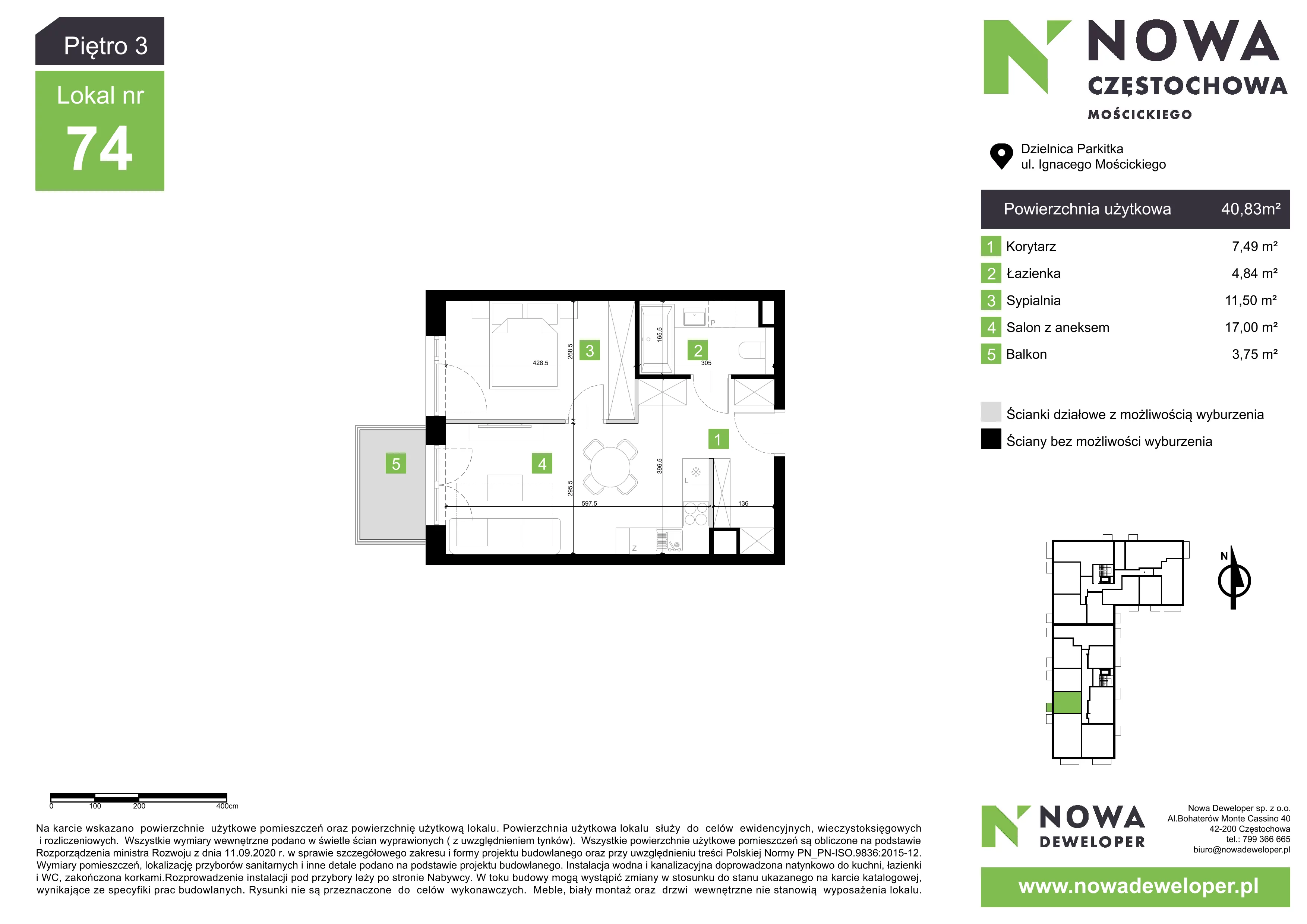 2 pokoje, mieszkanie 40,83 m², piętro 3, oferta nr M74, Nowa Częstochowa Mościckiego, Częstochowa, Częstochówka-Parkitka, ul. Mościckiego