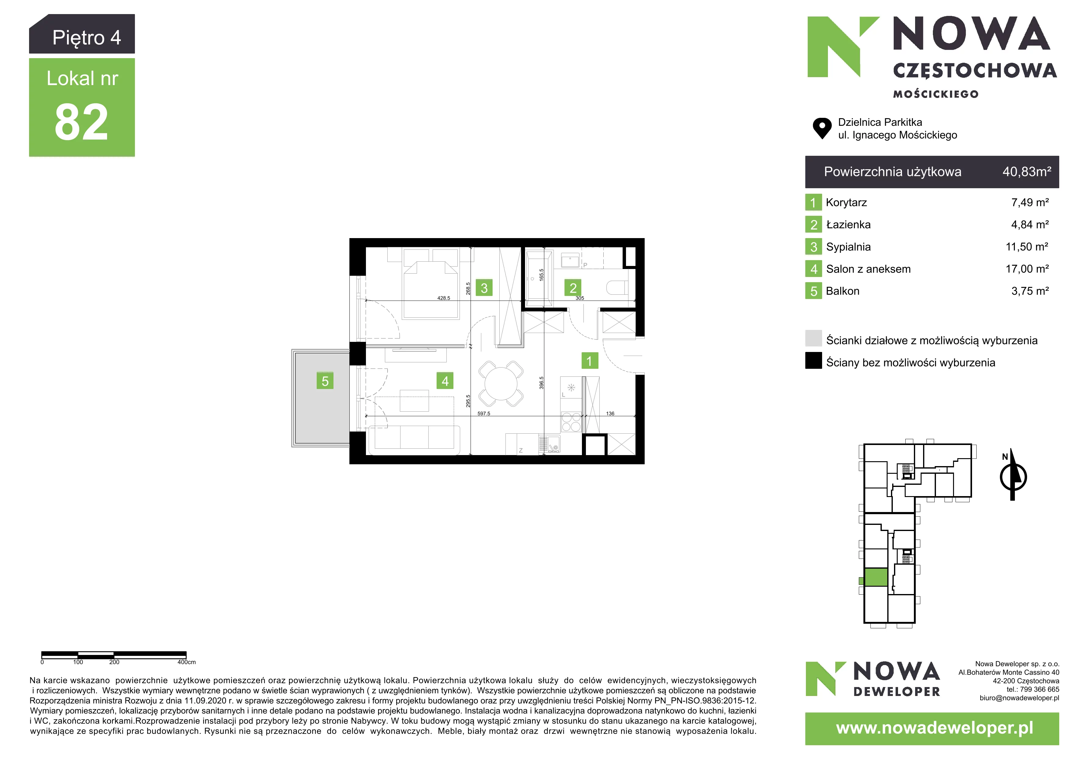 2 pokoje, mieszkanie 40,83 m², piętro 4, oferta nr M82, Nowa Częstochowa Mościckiego, Częstochowa, Częstochówka-Parkitka, ul. Mościckiego