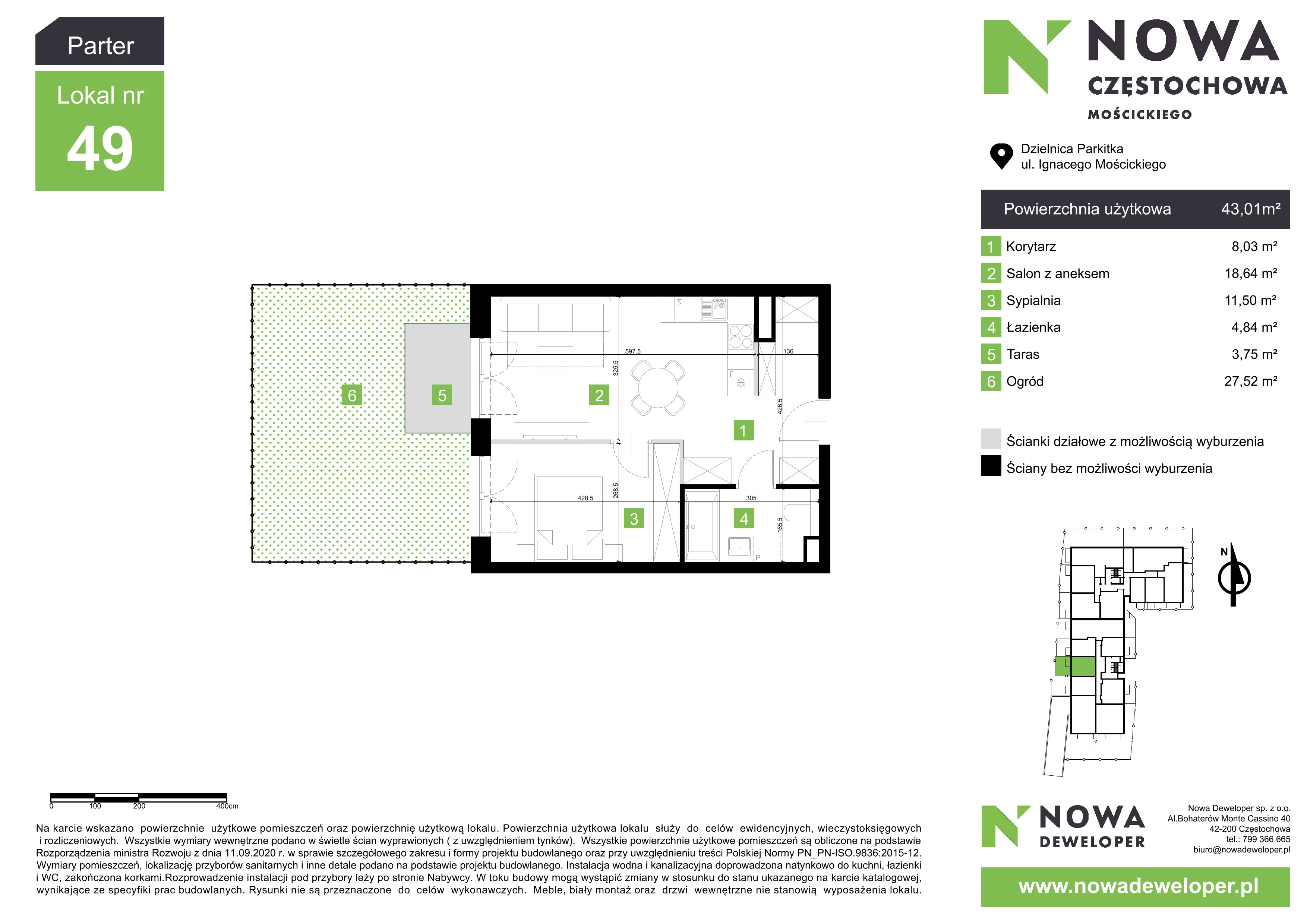 2 pokoje, mieszkanie 43,01 m², parter, oferta nr M49, Nowa Częstochowa Mościckiego, Częstochowa, Częstochówka-Parkitka, ul. Mościckiego