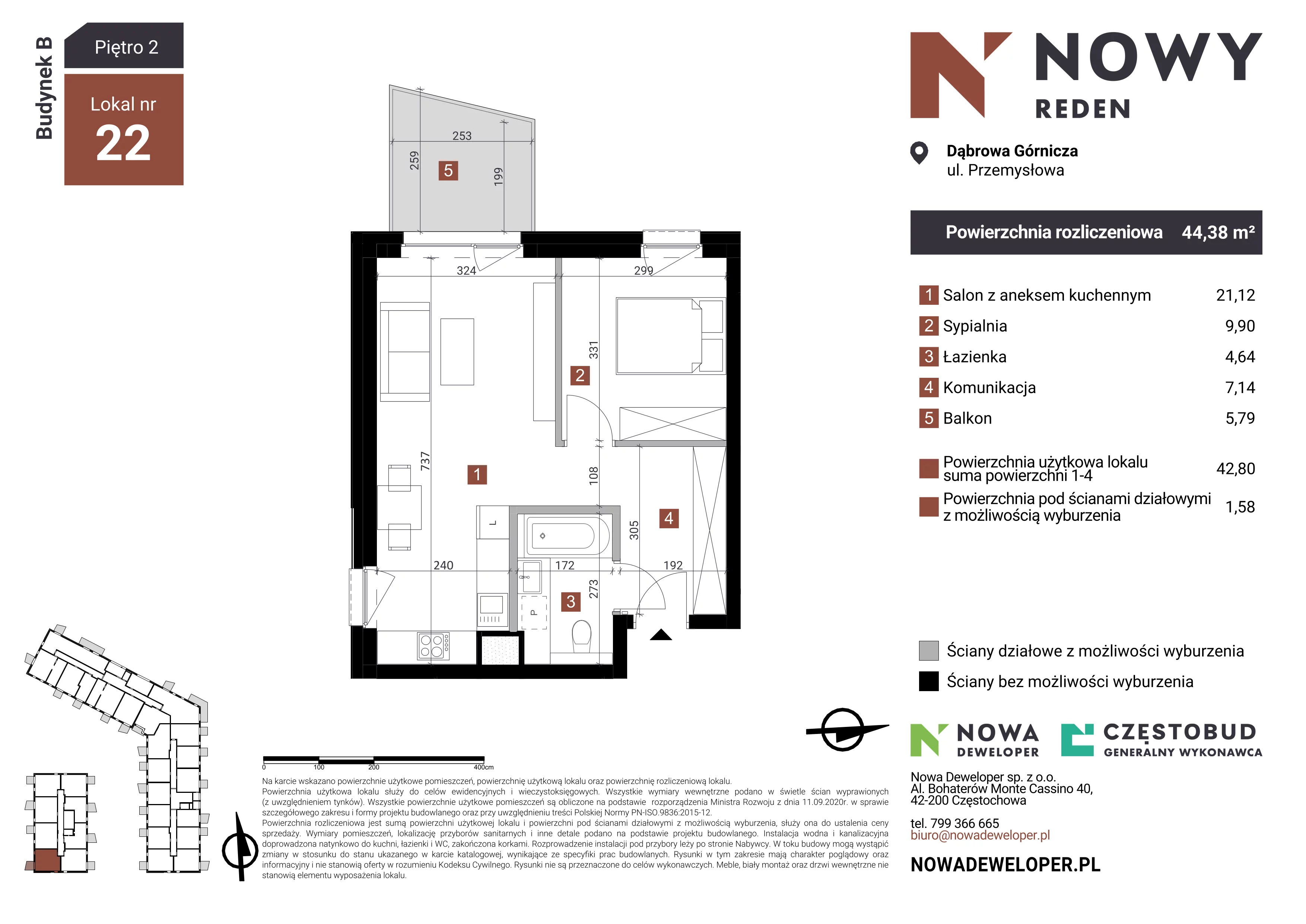 2 pokoje, mieszkanie 44,38 m², piętro 2, oferta nr B22, Nowy Reden, Dąbrowa Górnicza, Reden, ul. Przemysłowa