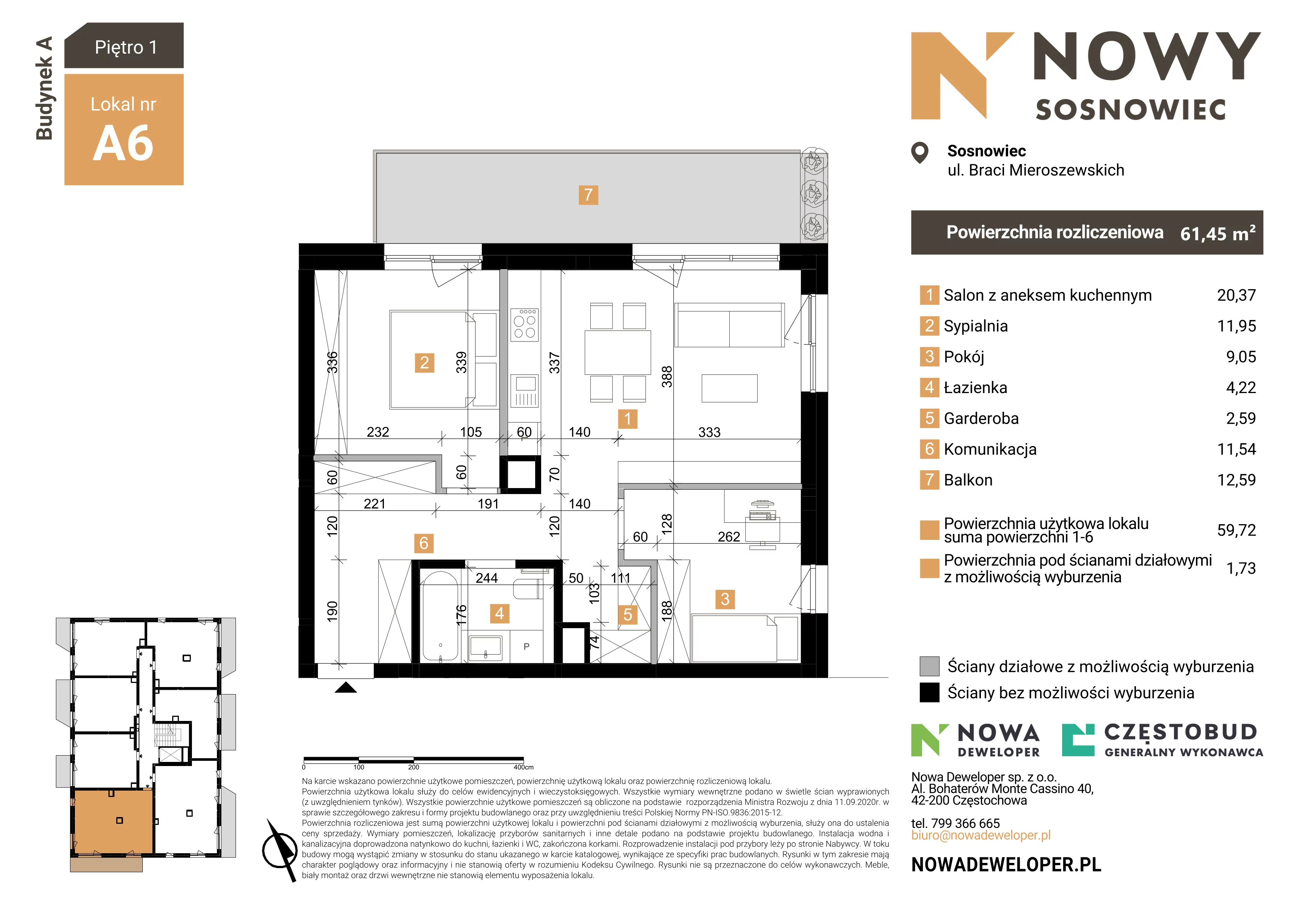3 pokoje, mieszkanie 61,45 m², piętro 1, oferta nr 6, Nowy Sosnowiec, Sosnowiec, Zagórze, ul. Braci Mieroszewskich