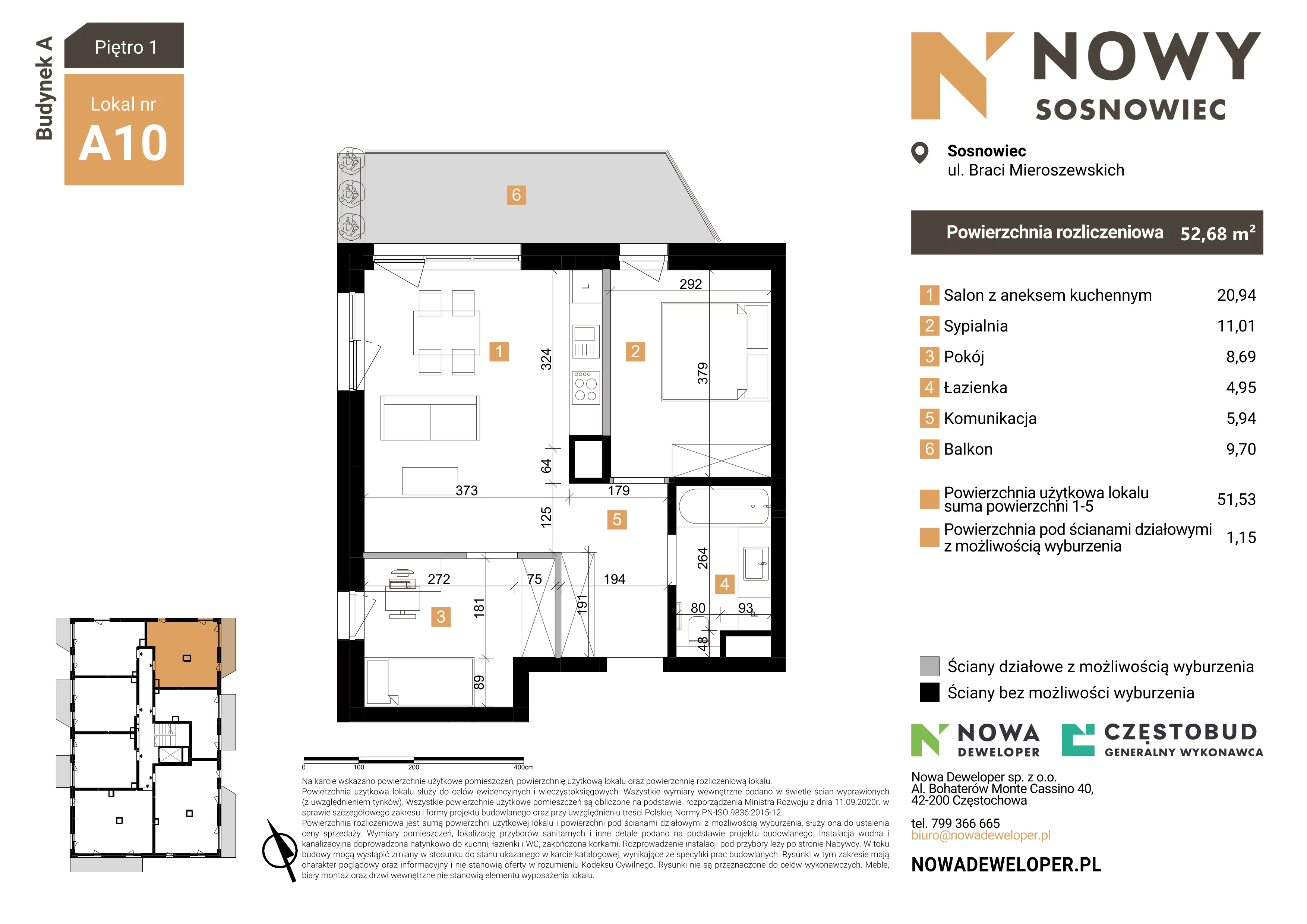 3 pokoje, mieszkanie 52,86 m², piętro 1, oferta nr 10, Nowy Sosnowiec, Sosnowiec, Zagórze, ul. Braci Mieroszewskich