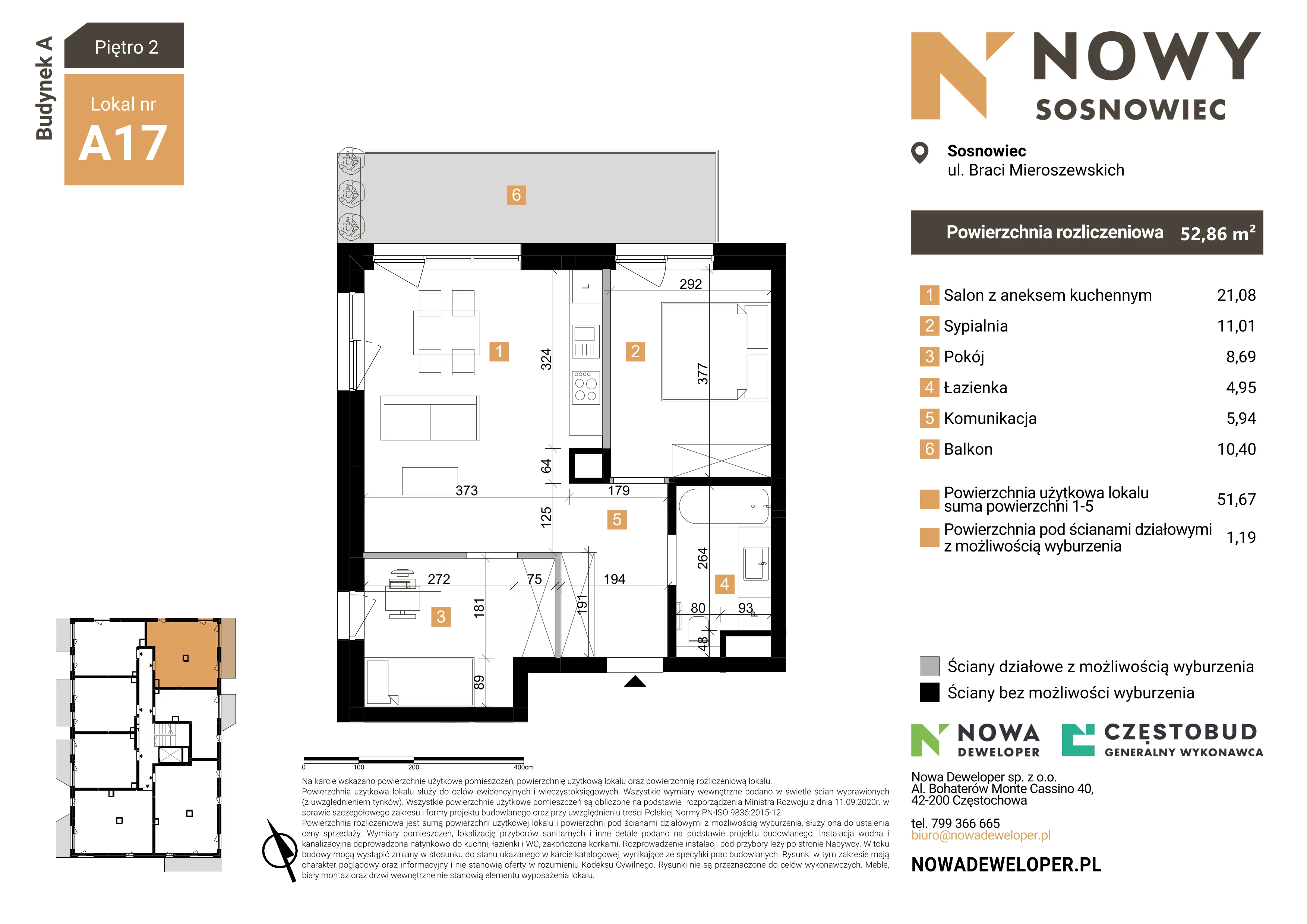 3 pokoje, mieszkanie 52,86 m², piętro 2, oferta nr 17, Nowy Sosnowiec, Sosnowiec, Zagórze, ul. Braci Mieroszewskich