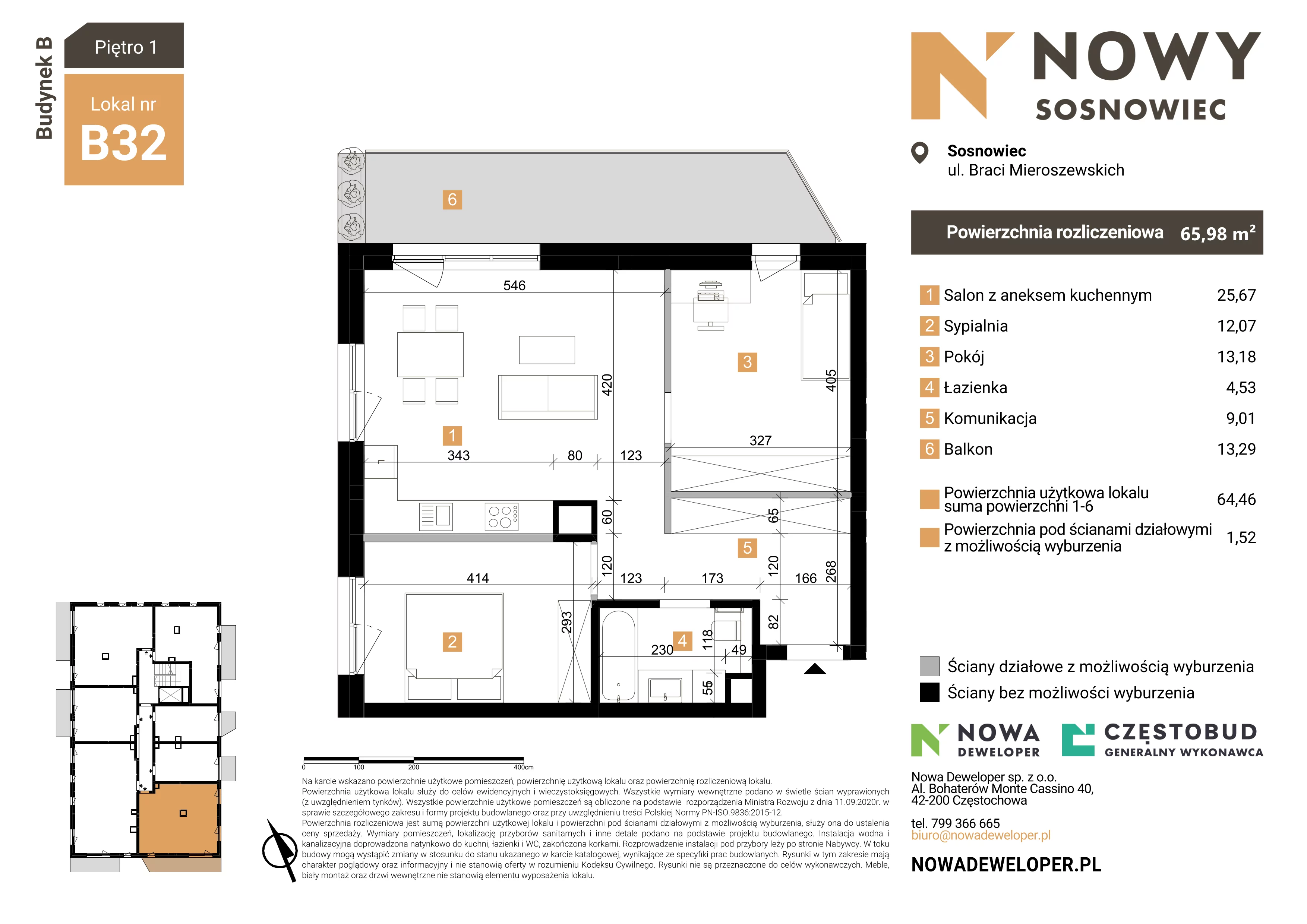 3 pokoje, mieszkanie 65,98 m², piętro 1, oferta nr 32, Nowy Sosnowiec, Sosnowiec, Zagórze, ul. Braci Mieroszewskich