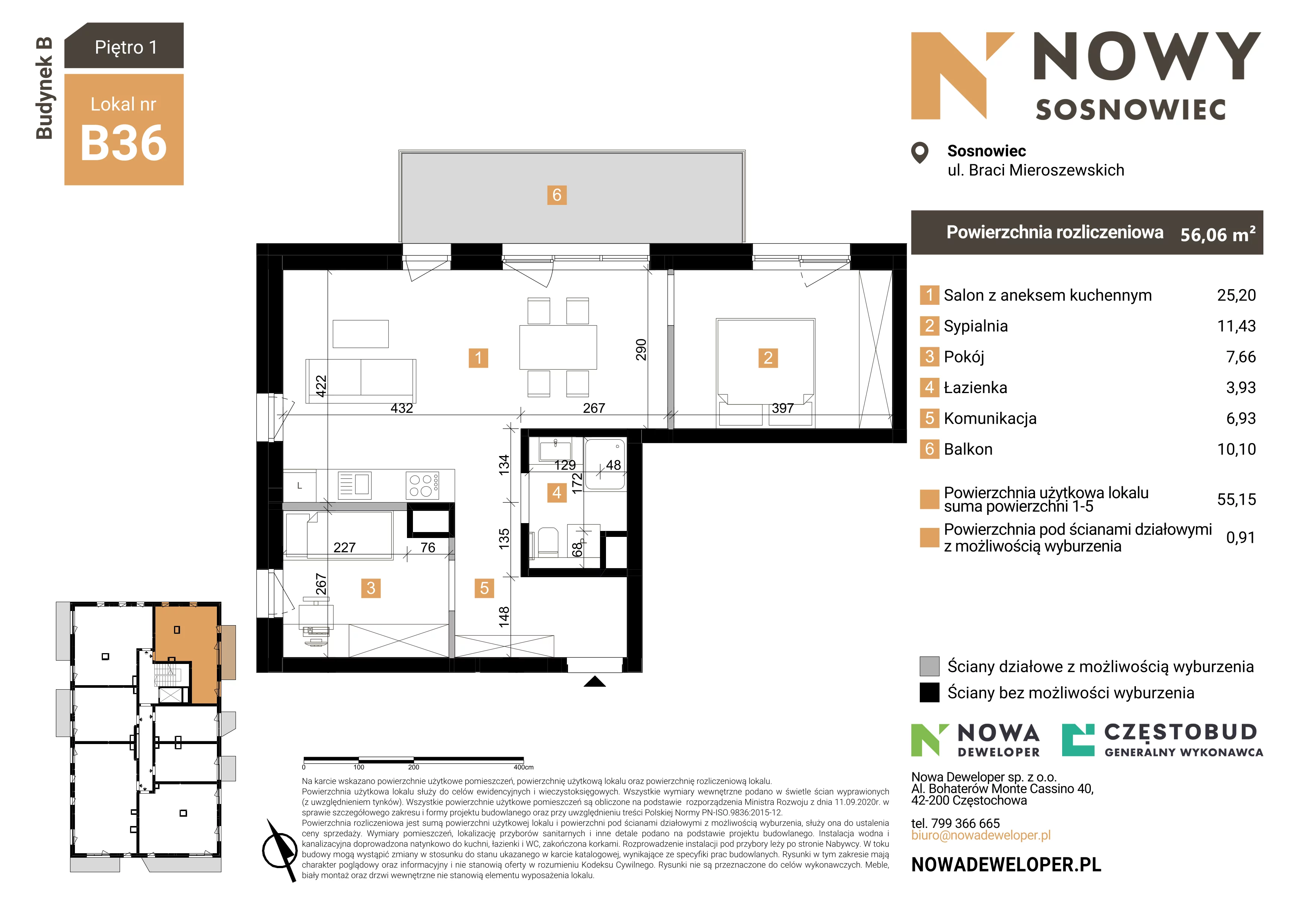 3 pokoje, mieszkanie 56,06 m², piętro 1, oferta nr 36, Nowy Sosnowiec, Sosnowiec, Zagórze, ul. Braci Mieroszewskich