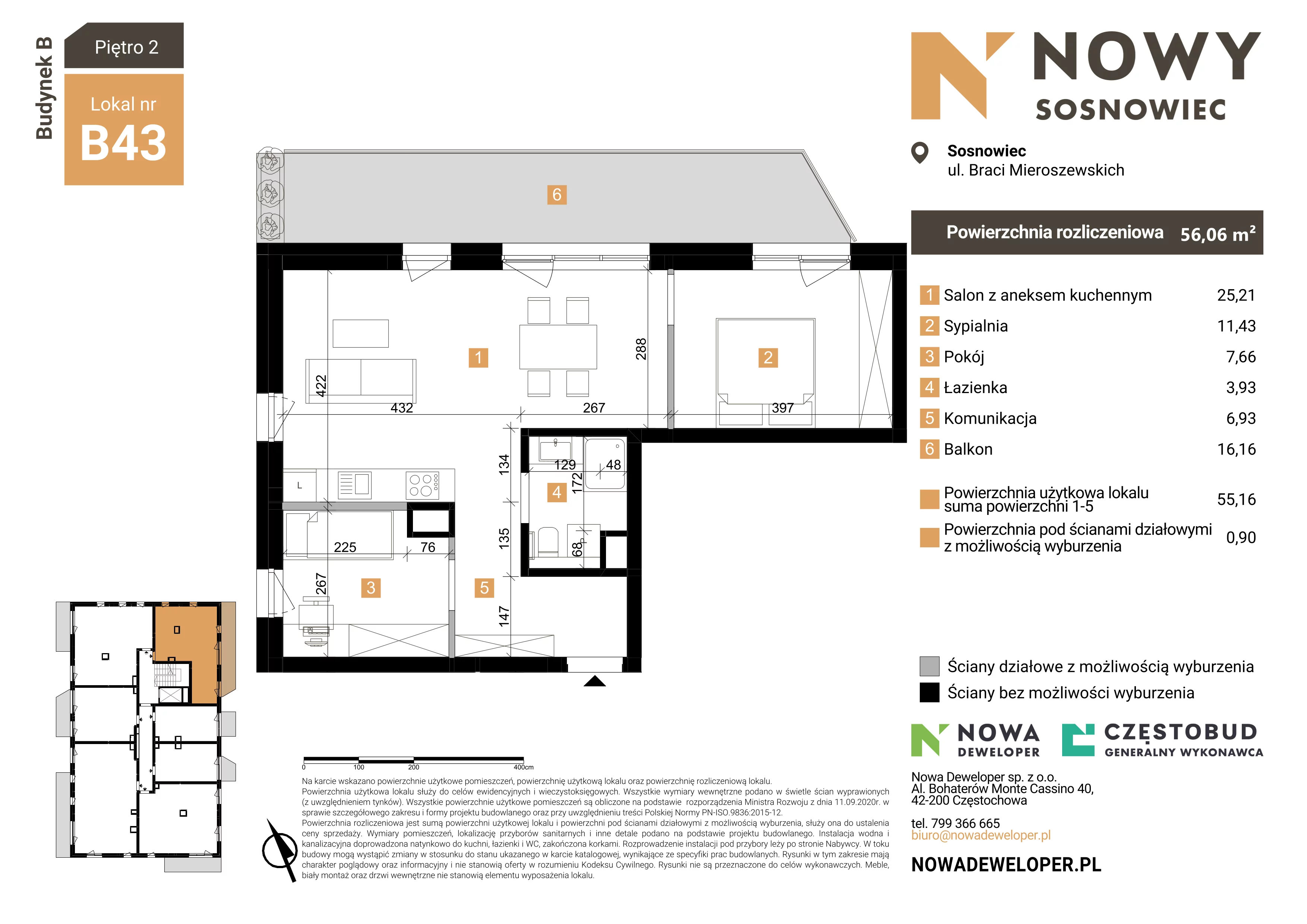3 pokoje, mieszkanie 56,06 m², piętro 2, oferta nr 43, Nowy Sosnowiec, Sosnowiec, Zagórze, ul. Braci Mieroszewskich