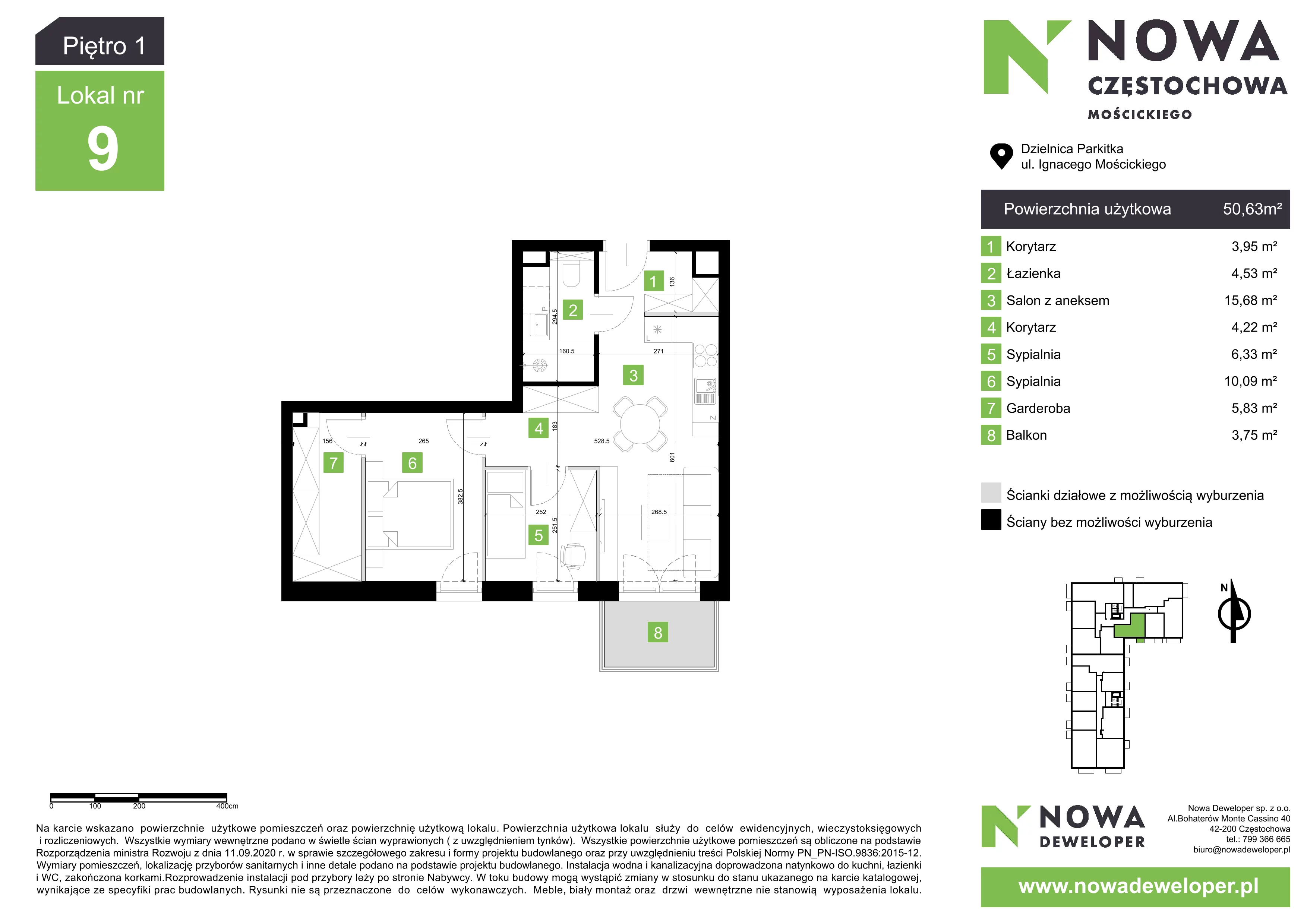 3 pokoje, mieszkanie 50,63 m², piętro 1, oferta nr M9, Nowa Częstochowa Mościckiego, Częstochowa, Częstochówka-Parkitka, ul. Mościckiego