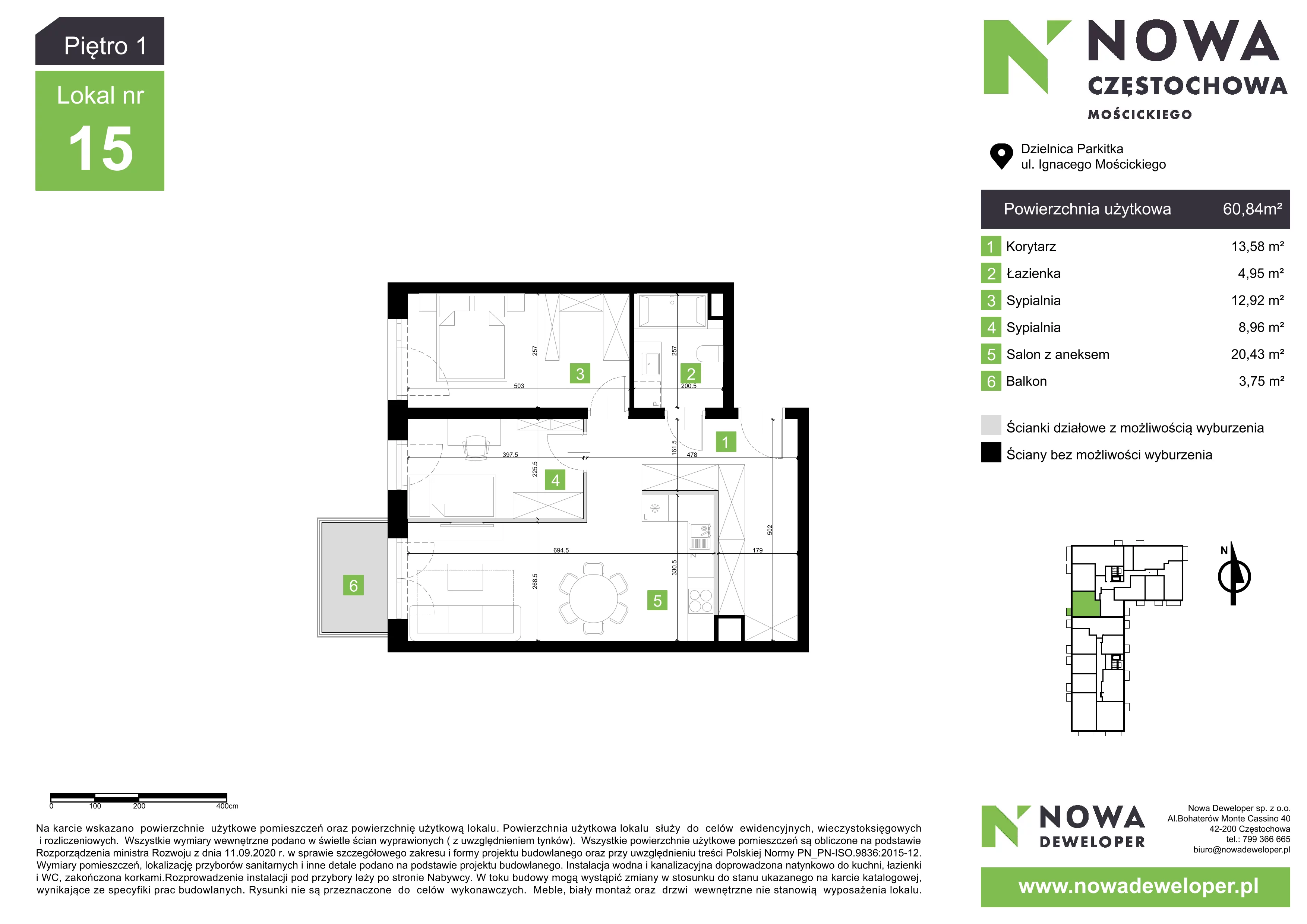 3 pokoje, mieszkanie 60,84 m², piętro 1, oferta nr M15, Nowa Częstochowa Mościckiego, Częstochowa, Częstochówka-Parkitka, ul. Mościckiego