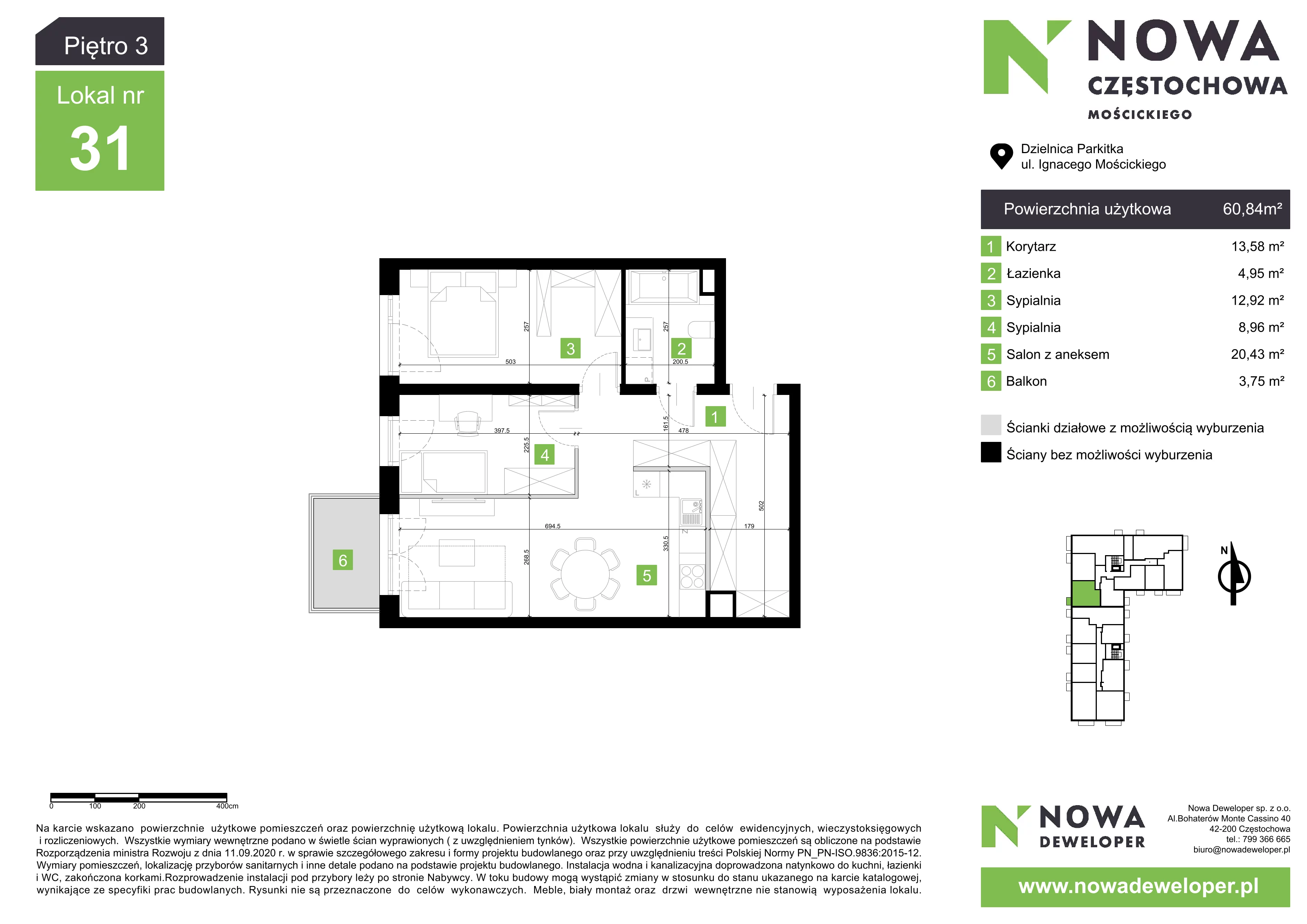 3 pokoje, mieszkanie 60,84 m², piętro 3, oferta nr M31, Nowa Częstochowa Mościckiego, Częstochowa, Częstochówka-Parkitka, ul. Mościckiego