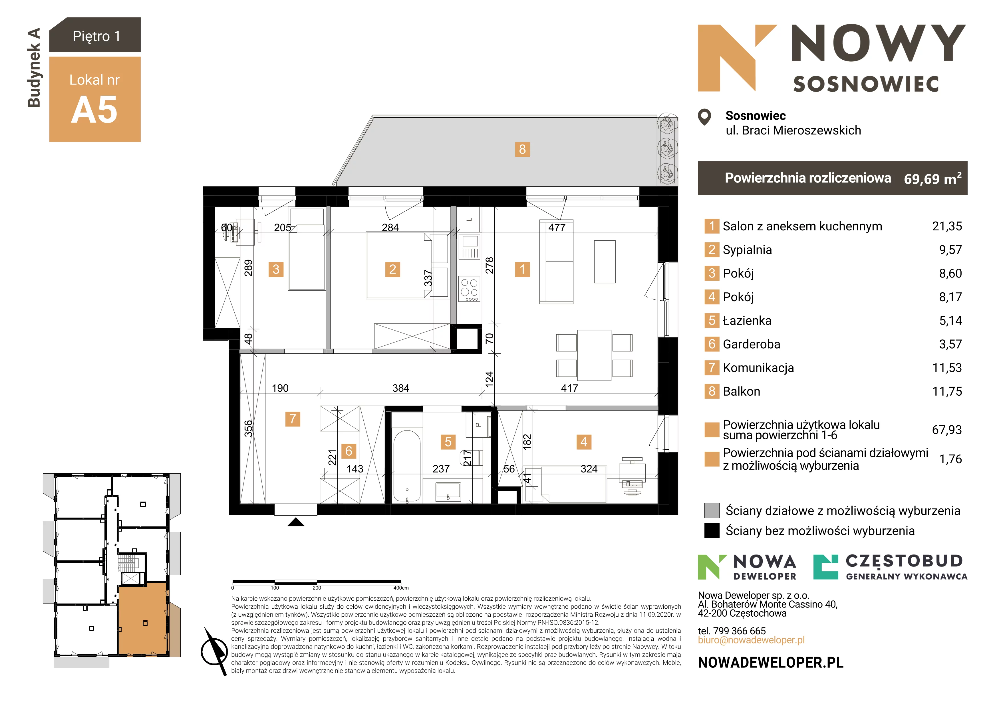 4 pokoje, mieszkanie 69,69 m², piętro 1, oferta nr 5, Nowy Sosnowiec, Sosnowiec, Zagórze, ul. Braci Mieroszewskich