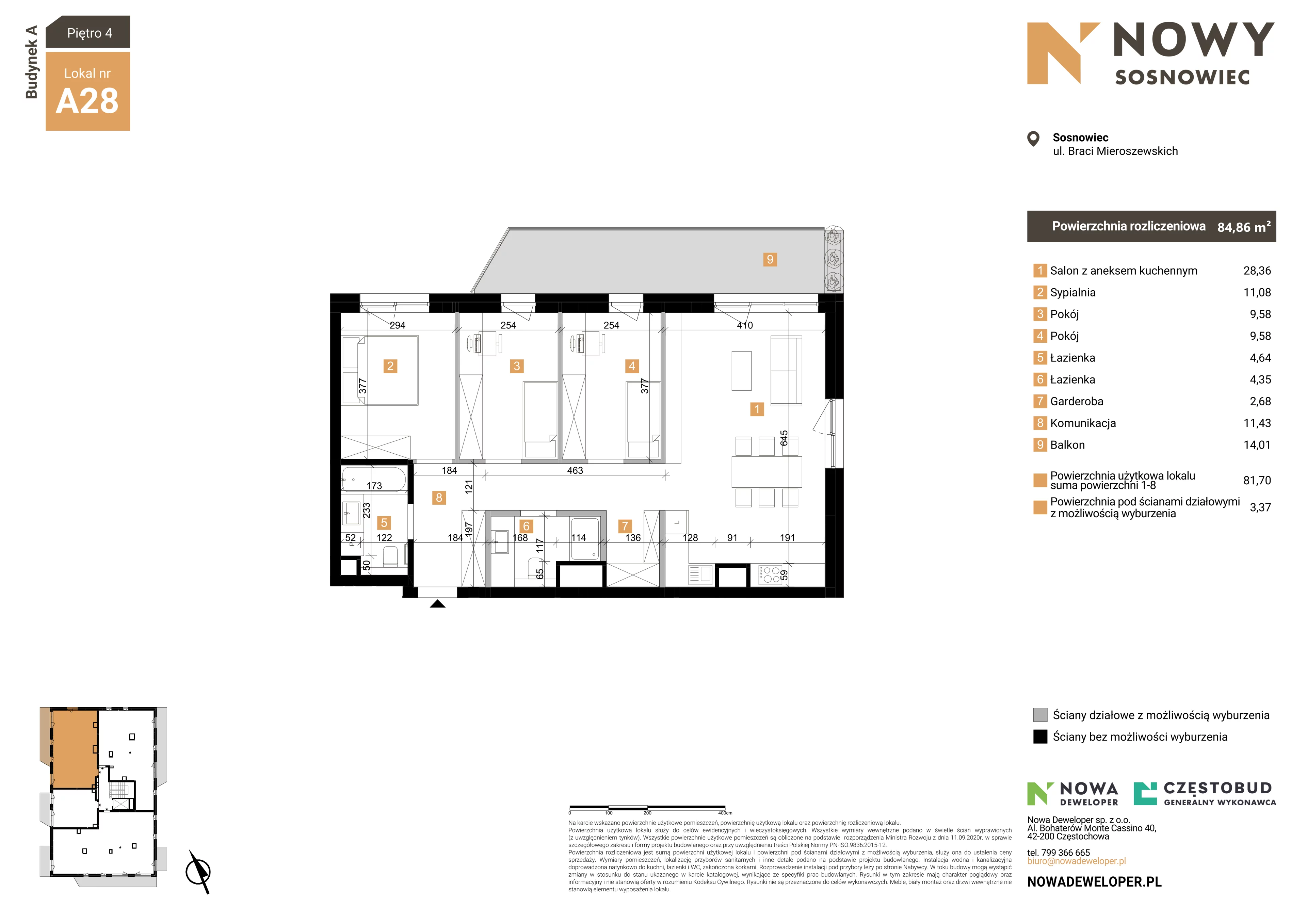 4 pokoje, mieszkanie 84,86 m², piętro 4, oferta nr 28, Nowy Sosnowiec, Sosnowiec, Zagórze, ul. Braci Mieroszewskich