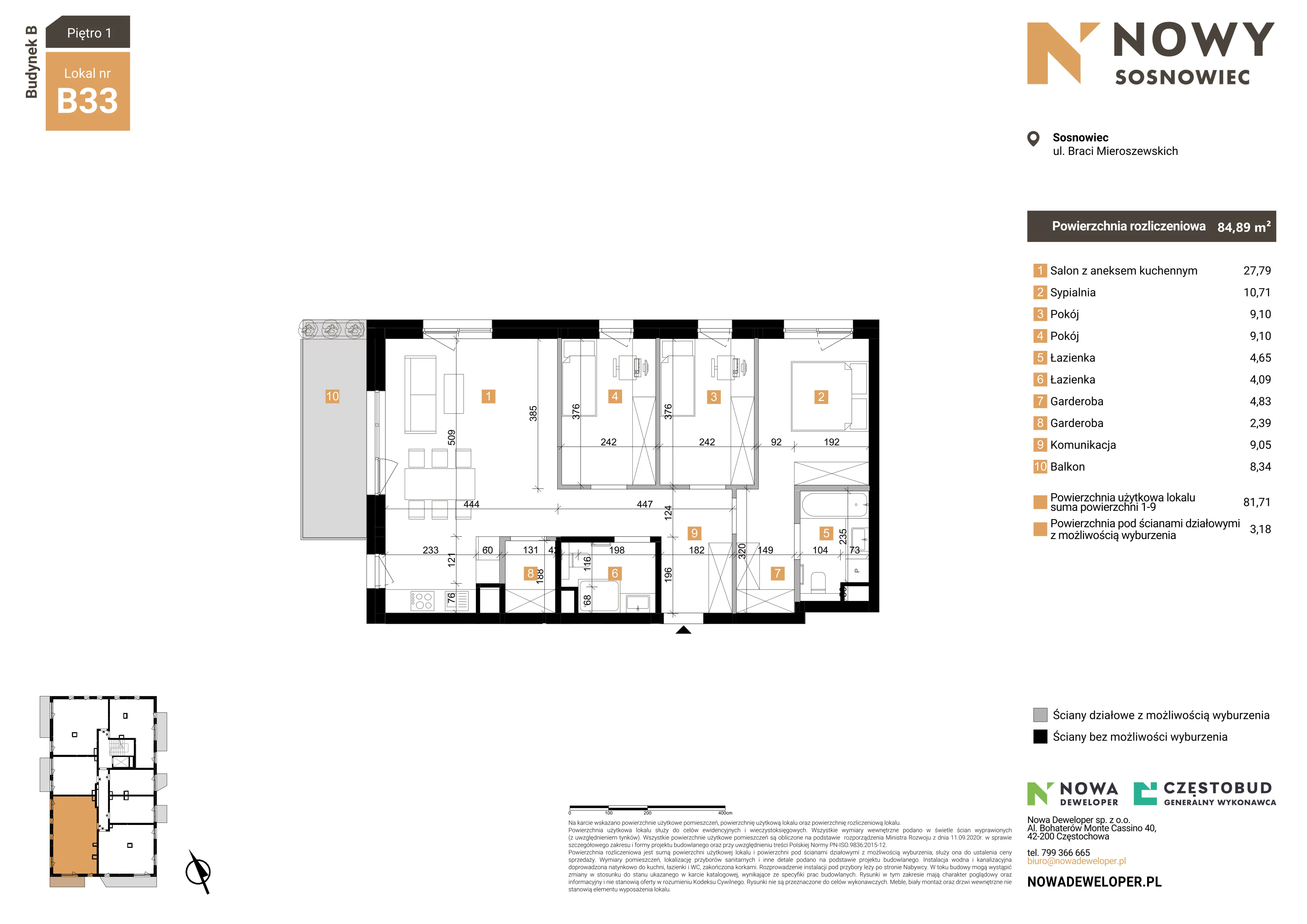 4 pokoje, mieszkanie 84,89 m², piętro 1, oferta nr 33, Nowy Sosnowiec, Sosnowiec, Zagórze, ul. Braci Mieroszewskich