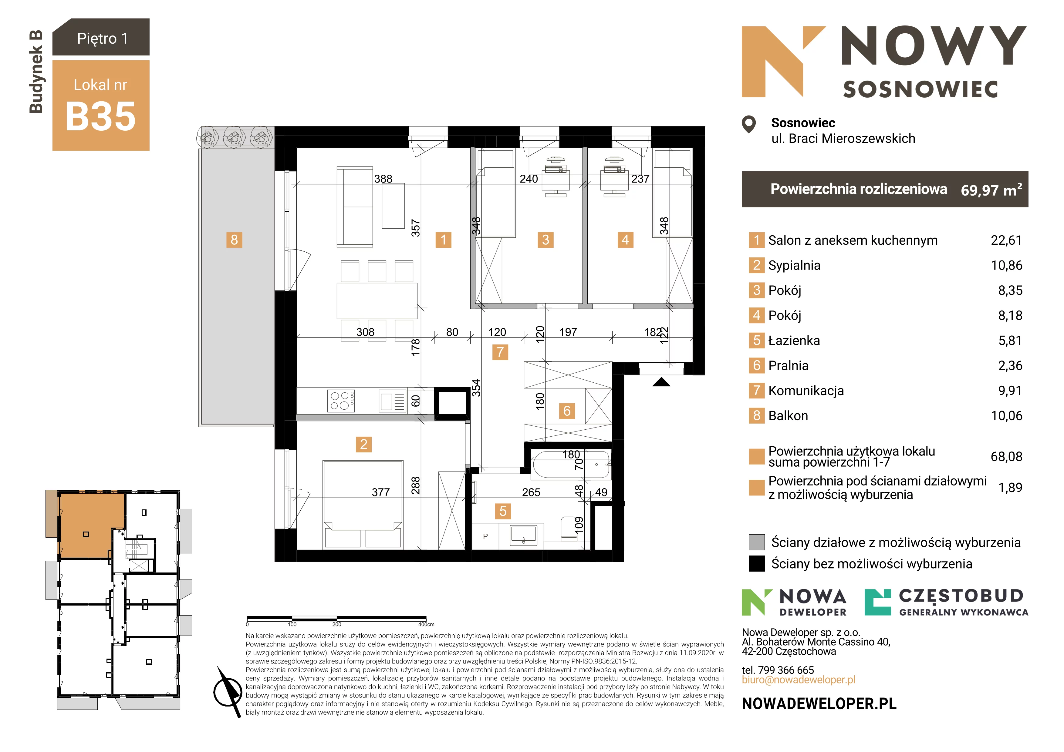 4 pokoje, mieszkanie 70,28 m², piętro 1, oferta nr 35, Nowy Sosnowiec, Sosnowiec, Zagórze, ul. Braci Mieroszewskich