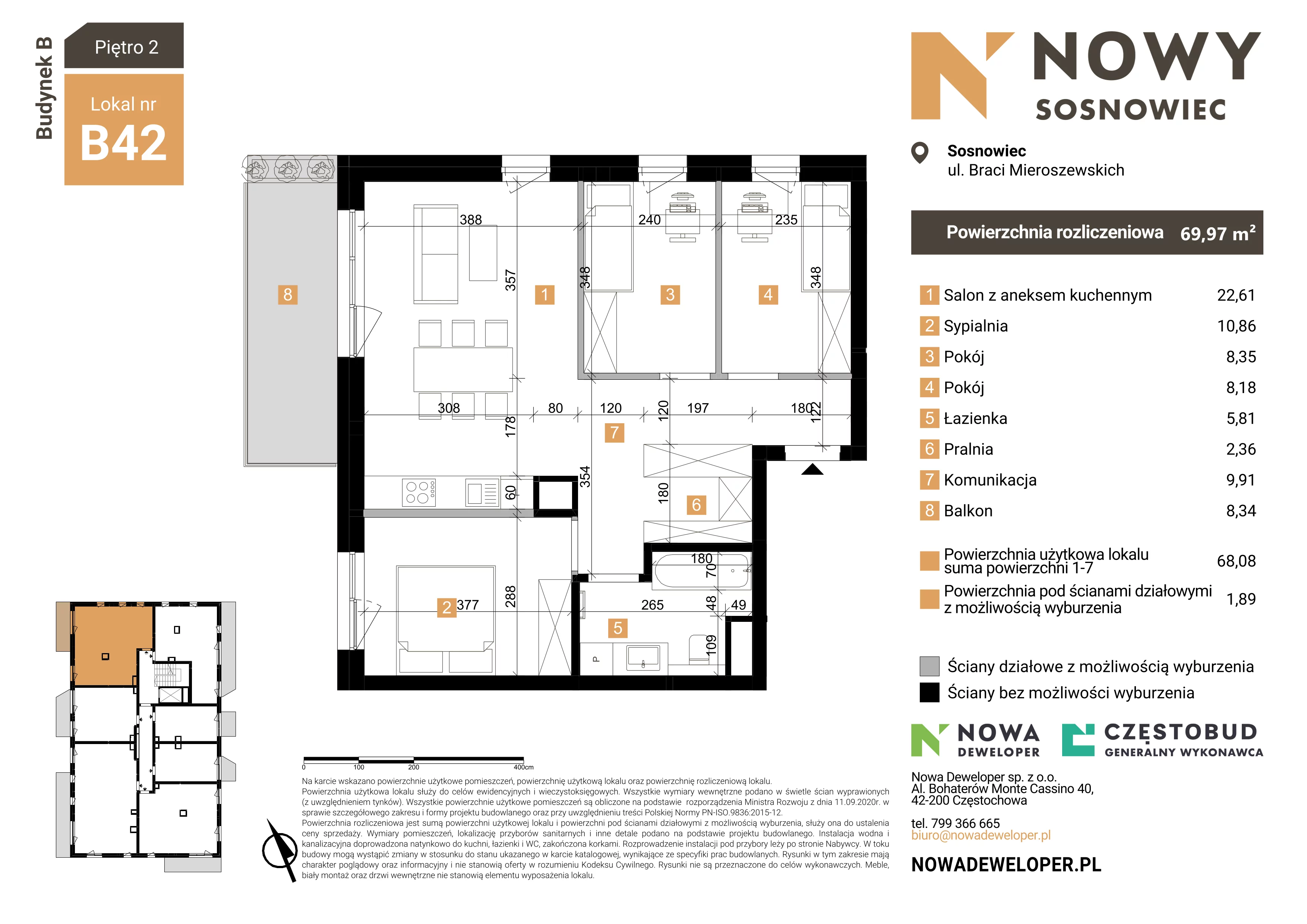 4 pokoje, mieszkanie 70,28 m², piętro 2, oferta nr 42, Nowy Sosnowiec, Sosnowiec, Zagórze, ul. Braci Mieroszewskich