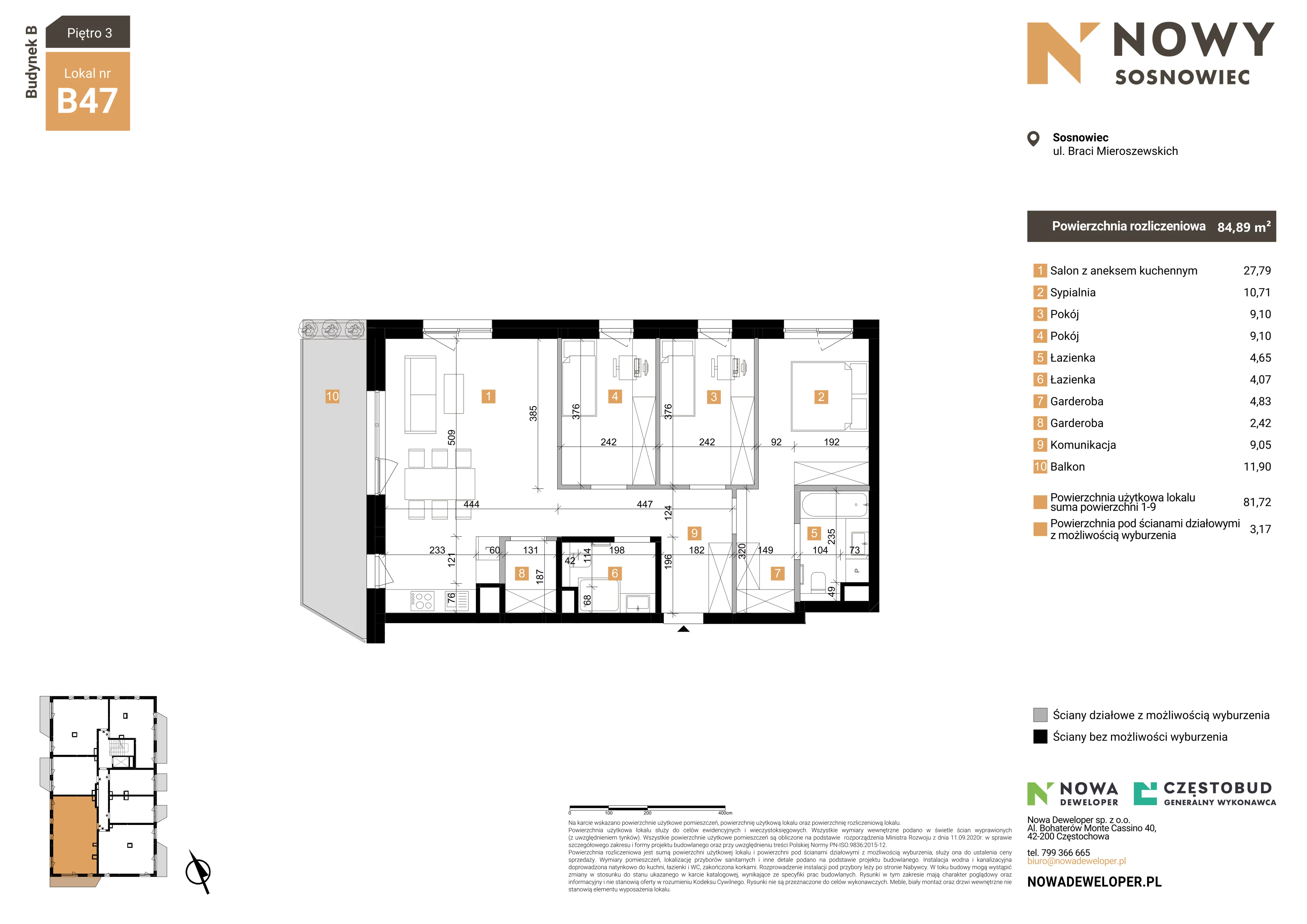 4 pokoje, mieszkanie 84,89 m², piętro 3, oferta nr 47, Nowy Sosnowiec, Sosnowiec, Zagórze, ul. Braci Mieroszewskich