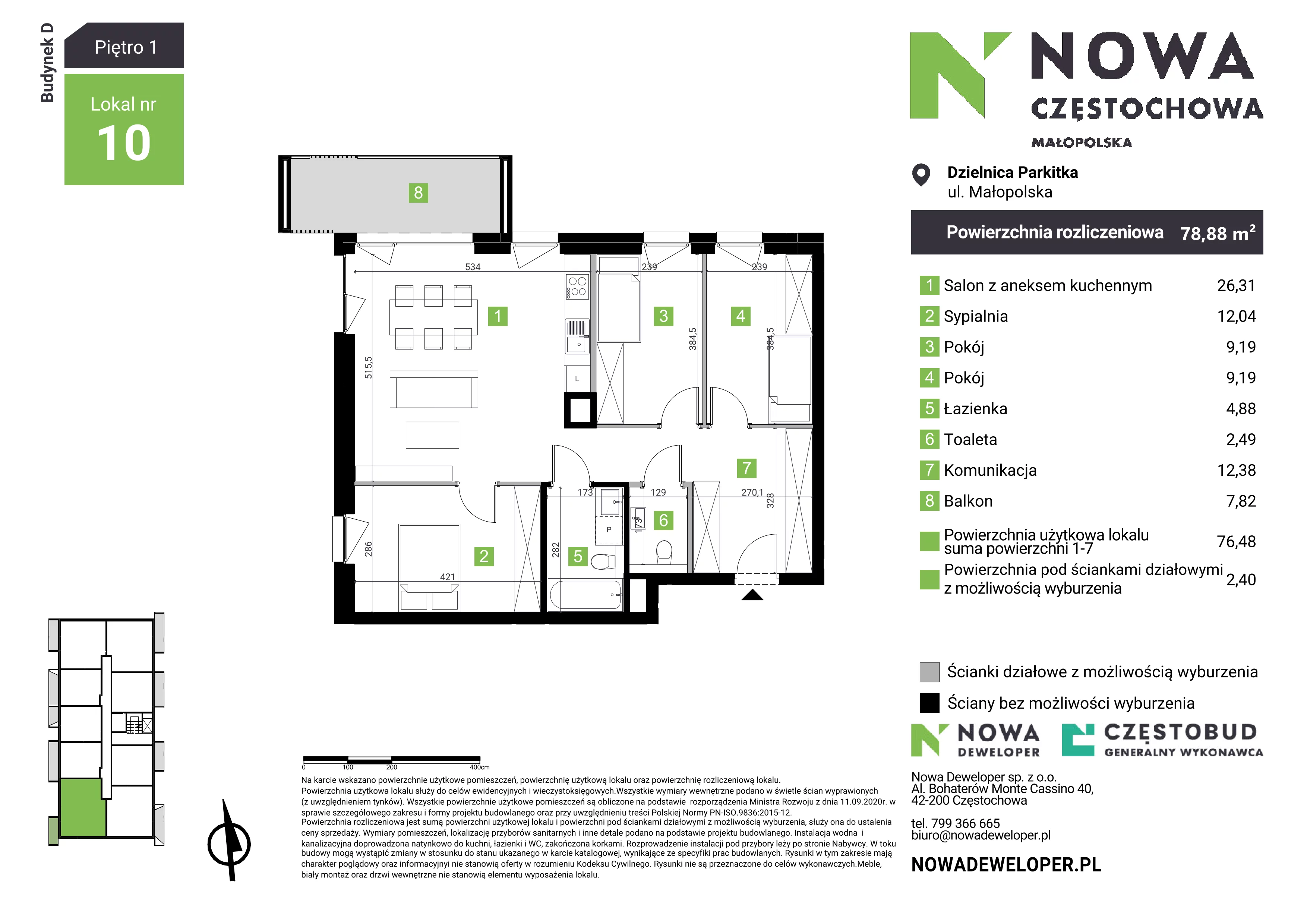 4 pokoje, mieszkanie 78,88 m², piętro 1, oferta nr D10, Nowa Częstochowa Małopolska, Częstochowa, Częstochówka-Parkitka, ul. Małopolska