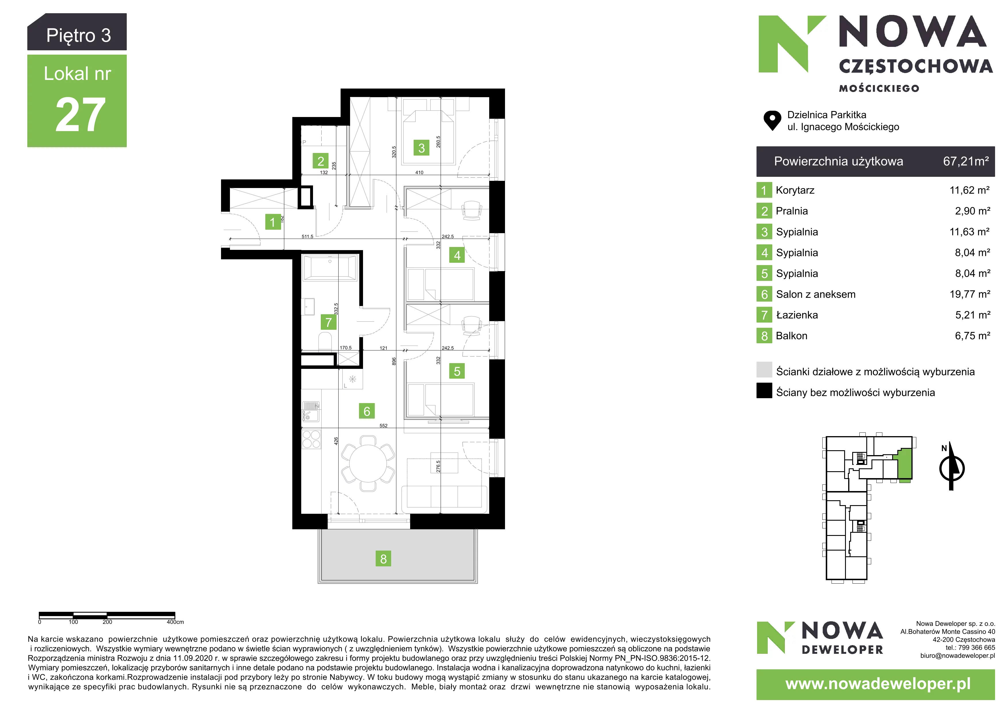 4 pokoje, mieszkanie 67,21 m², piętro 3, oferta nr M27, Nowa Częstochowa Mościckiego, Częstochowa, Częstochówka-Parkitka, ul. Mościckiego