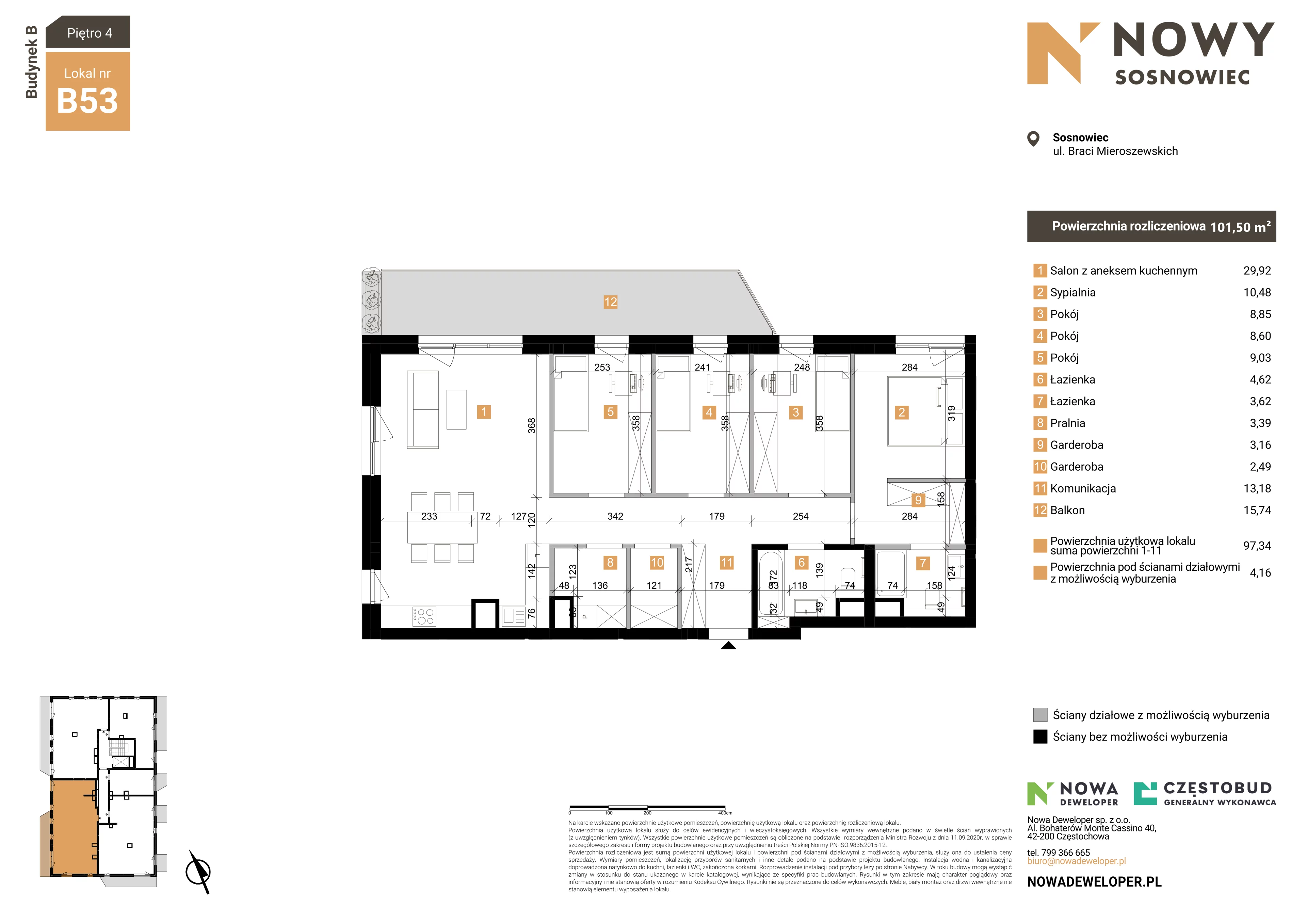 5 pokoi, mieszkanie 101,50 m², piętro 4, oferta nr 53, Nowy Sosnowiec, Sosnowiec, Zagórze, ul. Braci Mieroszewskich