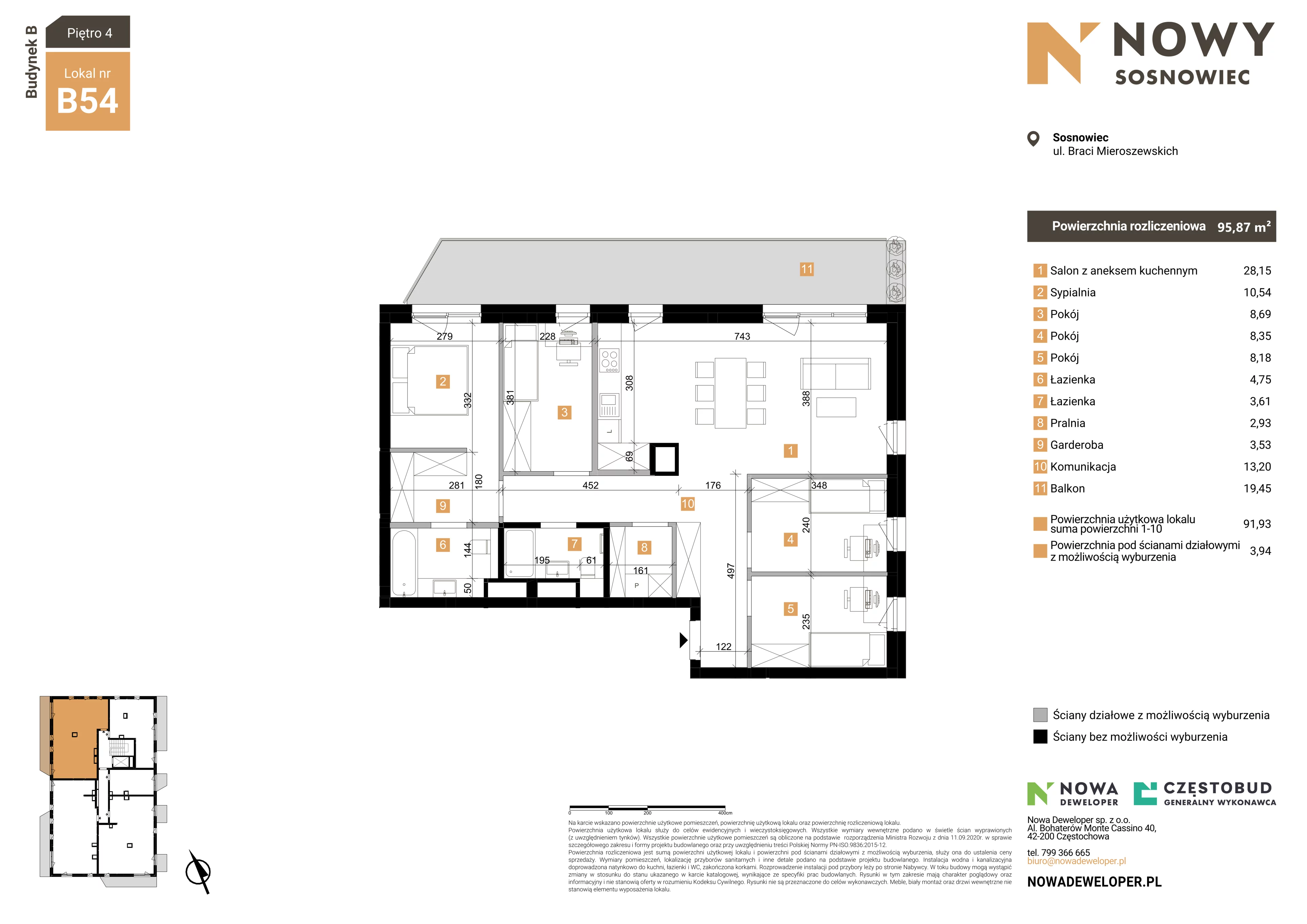 5 pokoi, mieszkanie 96,08 m², piętro 4, oferta nr 54, Nowy Sosnowiec, Sosnowiec, Zagórze, ul. Braci Mieroszewskich