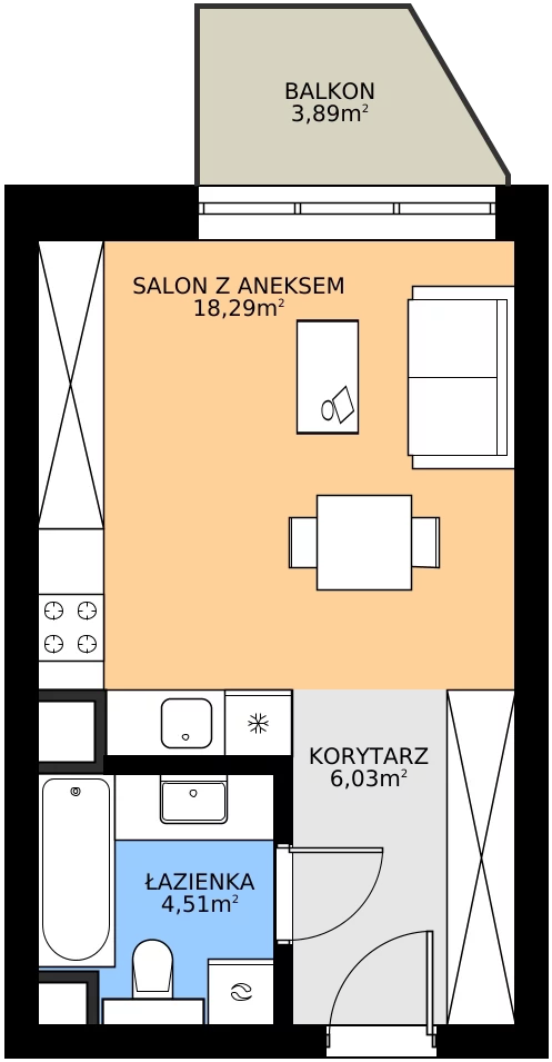 Zalety mieszkania 28.83 m², 45