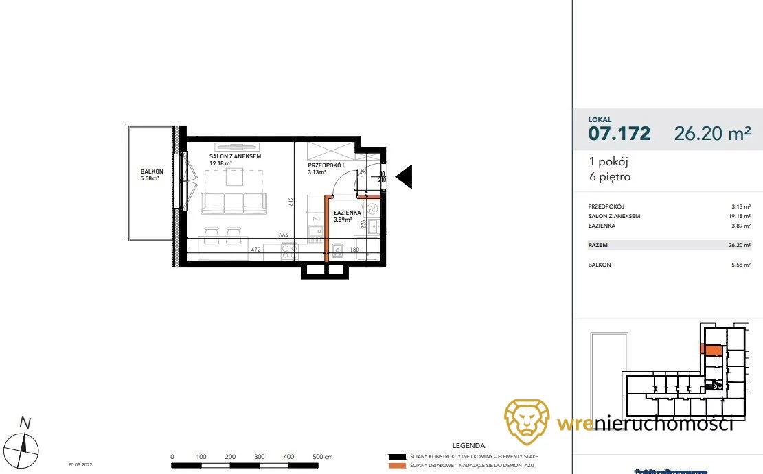 Mieszkanie na sprzedaż, 26,20 m², 1 pokój, 6 piętro, oferta nr 446122