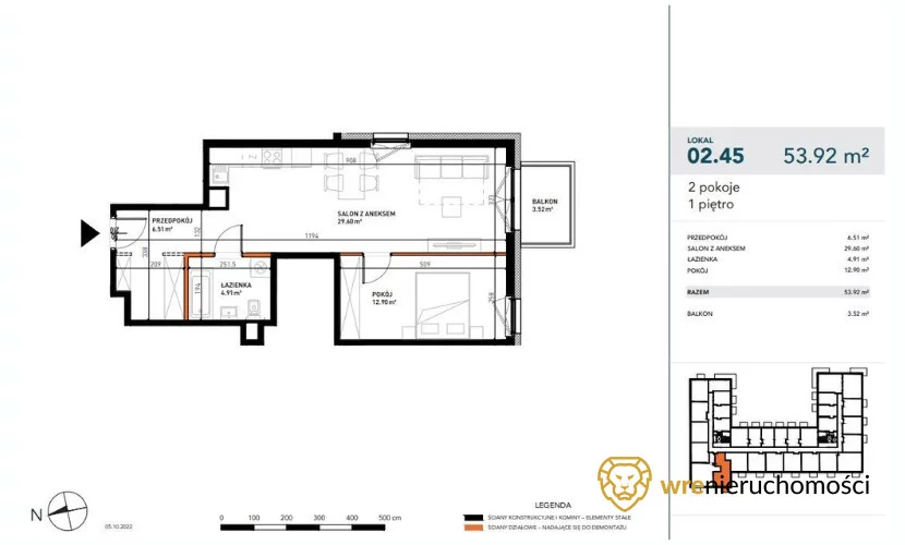 Mieszkanie na sprzedaż, 53,90 m², 2 pokoje, 1 piętro, oferta nr 178745