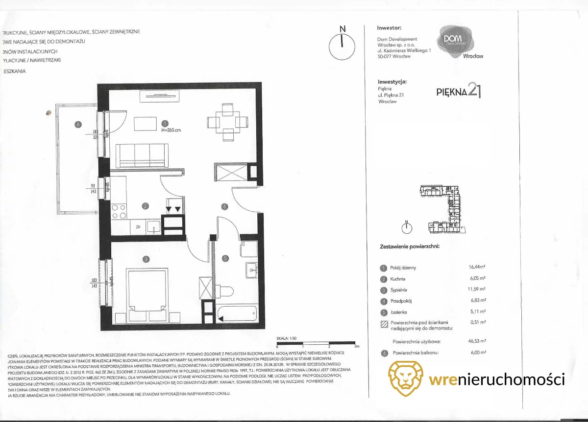 2 pokoje, mieszkanie 47,01 m², piętro 5, oferta nr , 249536, Wrocław, Tarnogaj, Piękna