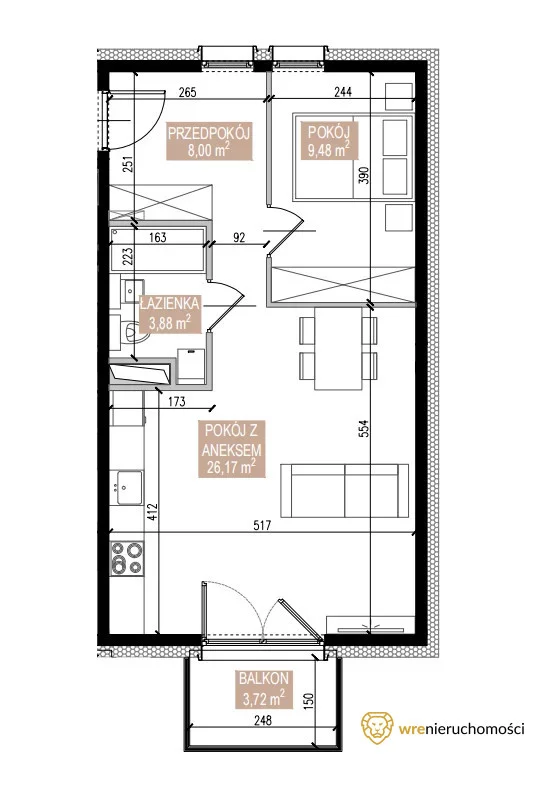 Mieszkanie na sprzedaż, 47,53 m², 2 pokoje, 1 piętro, oferta nr 952900