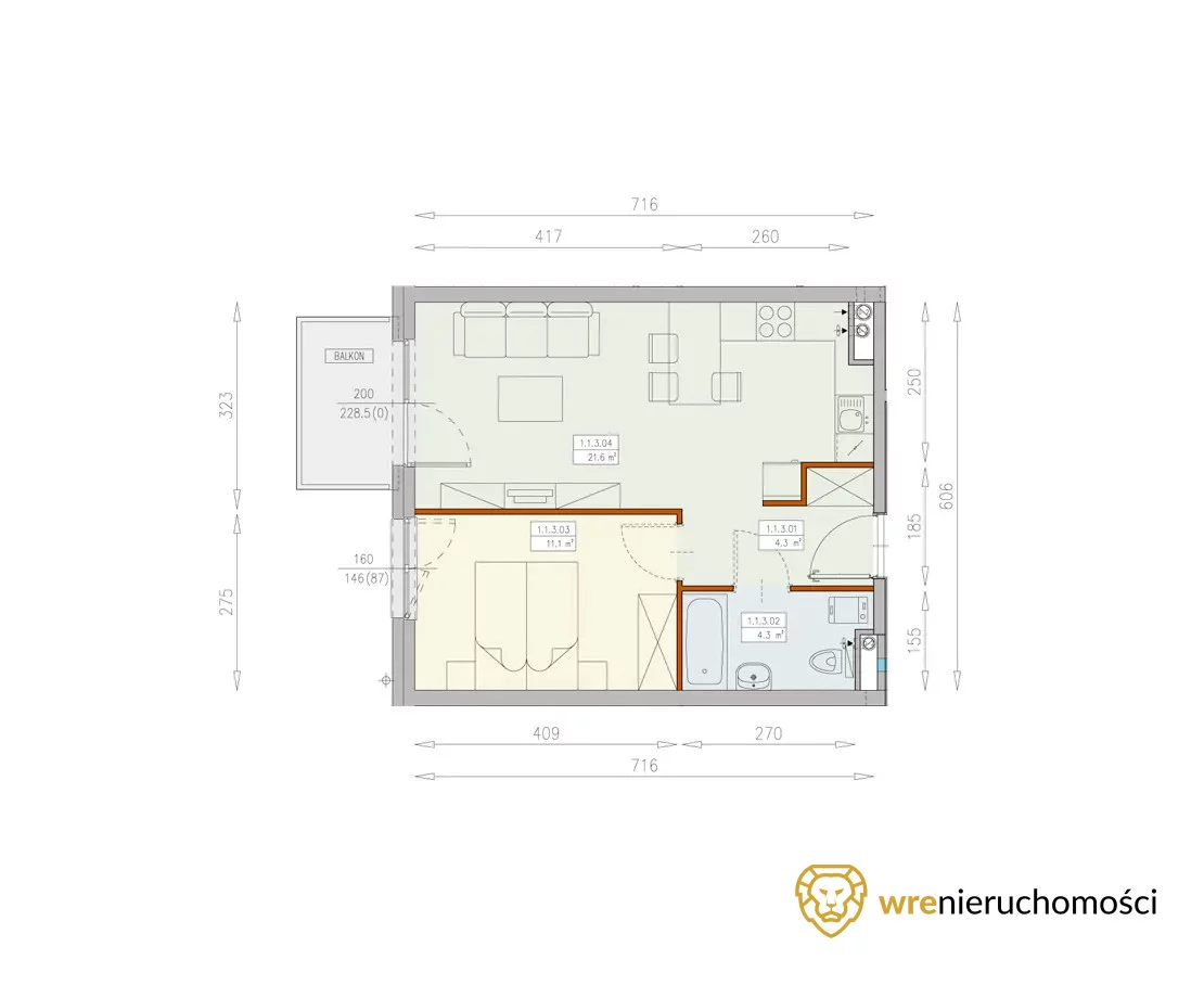 2 pokoje, apartament 41,48 m², piętro 1, oferta nr , 866906, Wrocław, Krzyki-Partynice, Krzyki