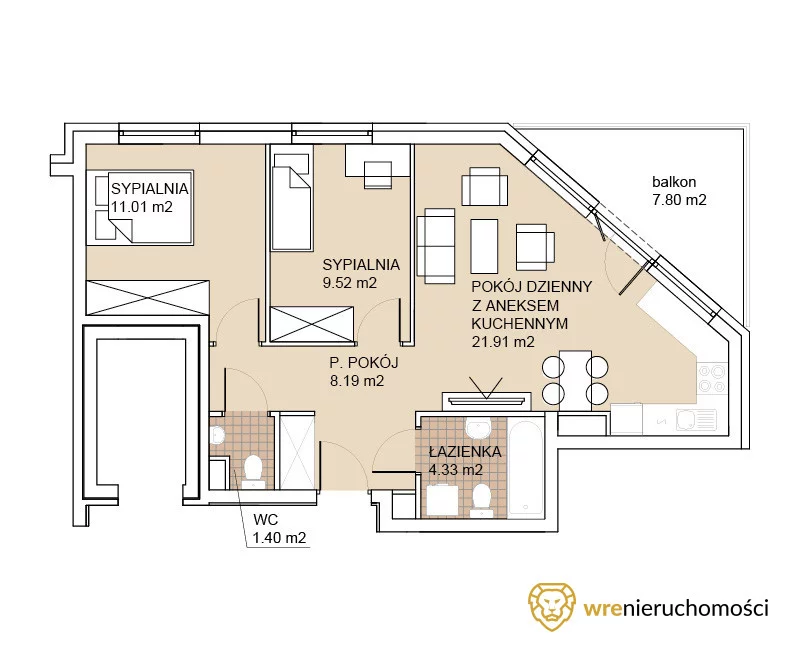 Mieszkanie trzypokojowe 56,36 m², Wrocław, Psie Pole-Zawidawie, Zakrzów, Odolanowska, Sprzedaż