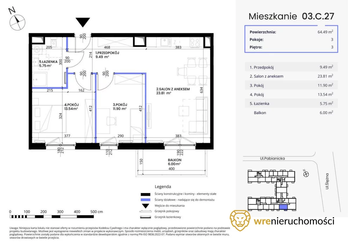3 pokoje, mieszkanie 64,50 m², piętro 3, oferta nr , 154884, Wrocław, Krzyki-Partynice, Krzyki, Pabianicka