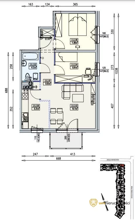 Mieszkanie trzypokojowe 58,35 m², Wrocław, Krzyki-Partynice, Krzyki, Przyjaźni, Sprzedaż