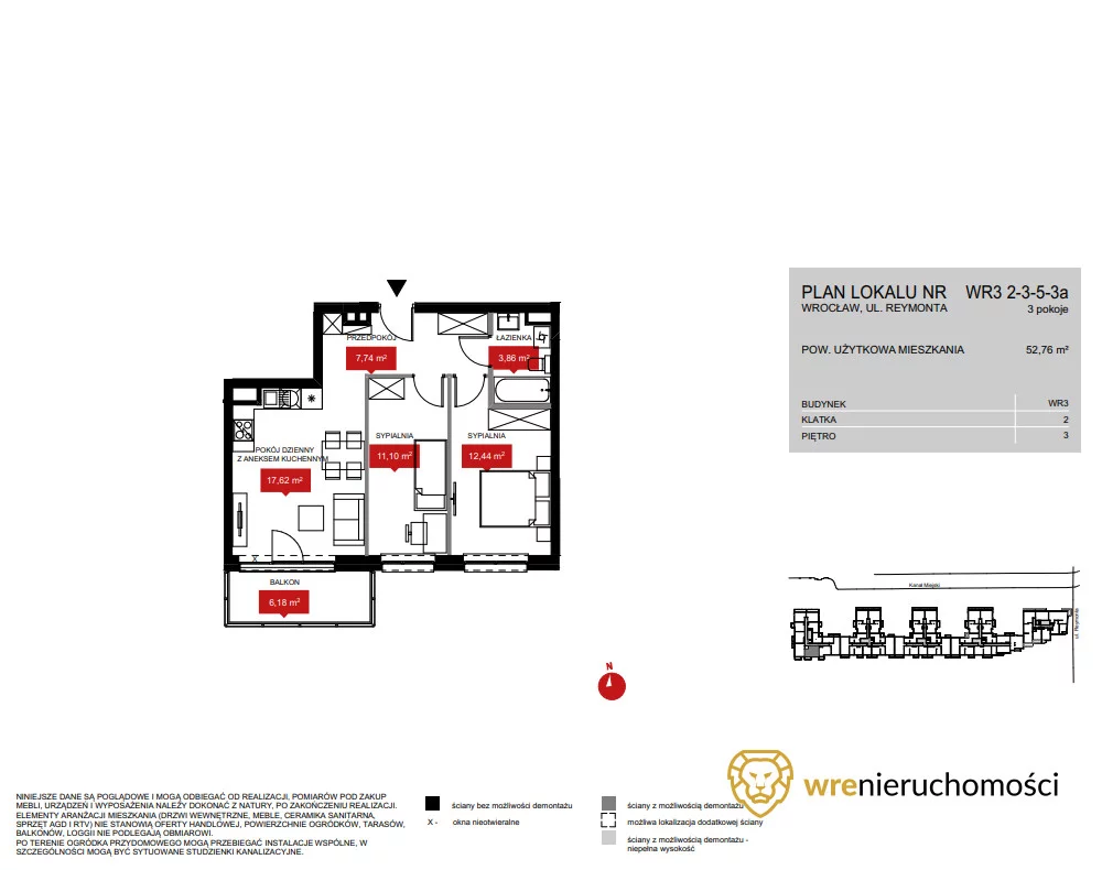 3 pokoje, mieszkanie 52,81 m², piętro 3, oferta nr , 605966, Wrocław, Kleczków, Władysława Reymonta