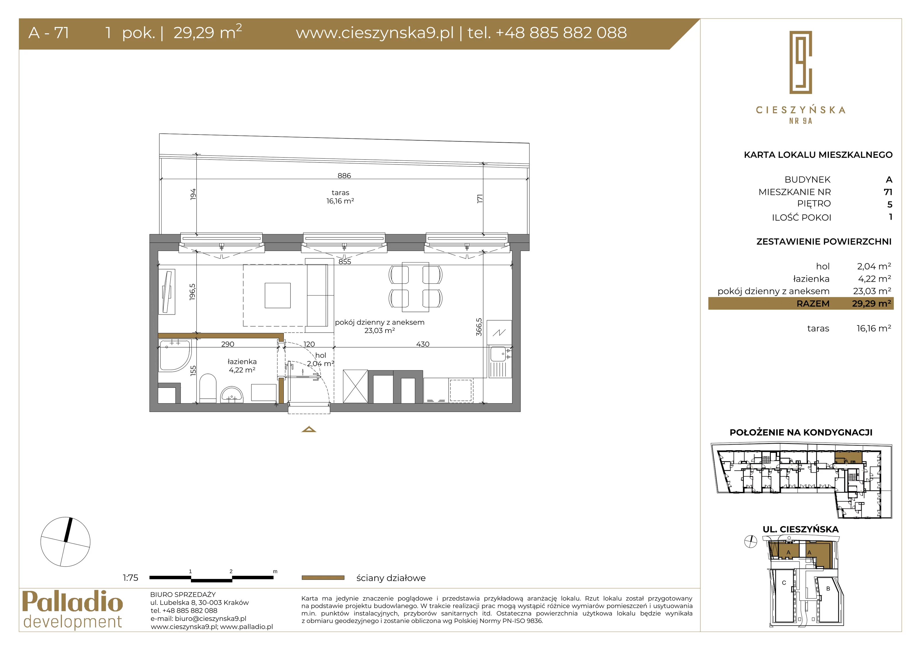 Mieszkanie 29,29 m², piętro 5, oferta nr A-71, Cieszyńska 9, Kraków, Krowodrza, Łobzów, ul. Cieszyńska 9