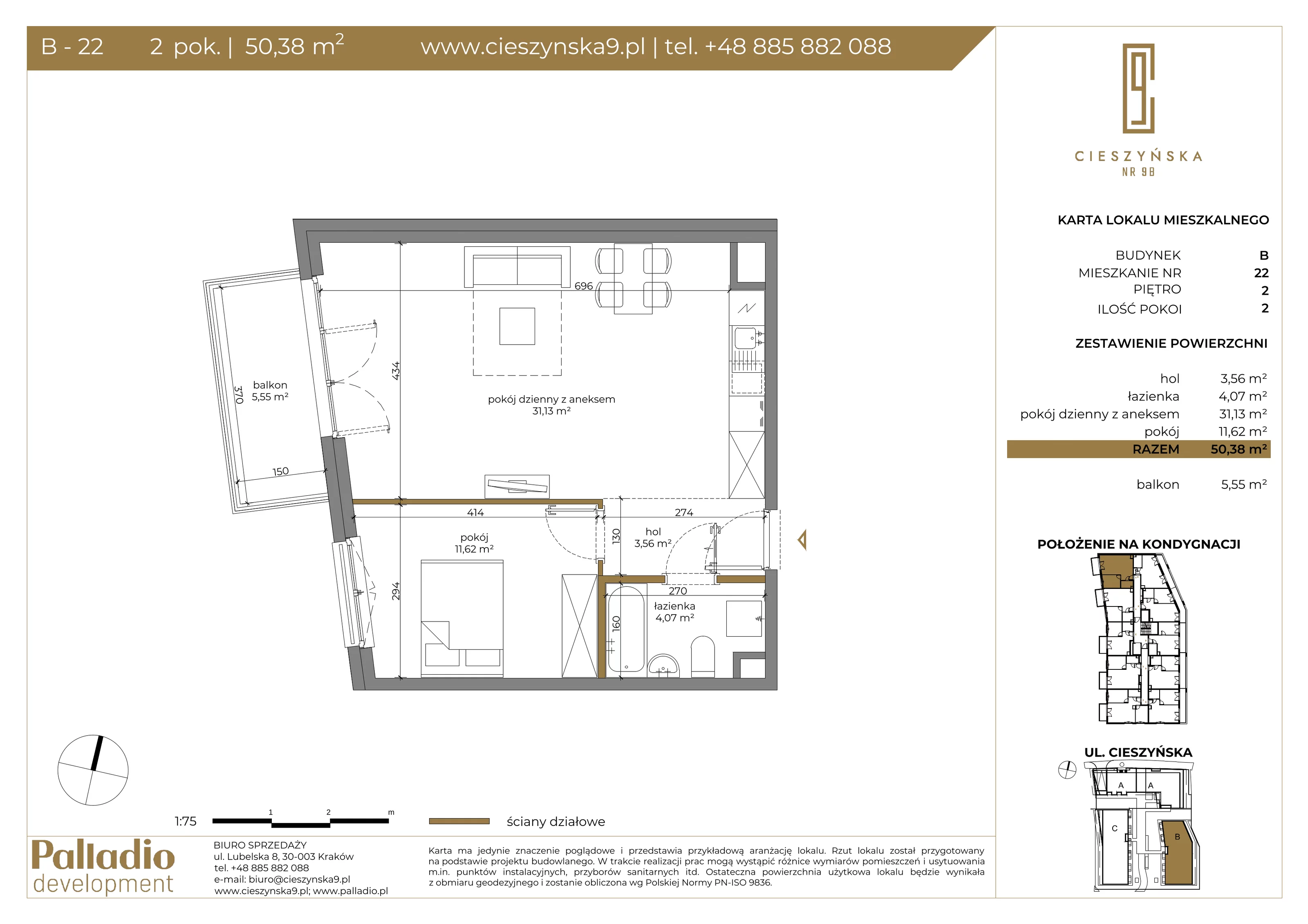 Apartament 50,38 m², piętro 2, oferta nr B-22, Cieszyńska 9, Kraków, Krowodrza, Łobzów, ul. Cieszyńska 9-idx