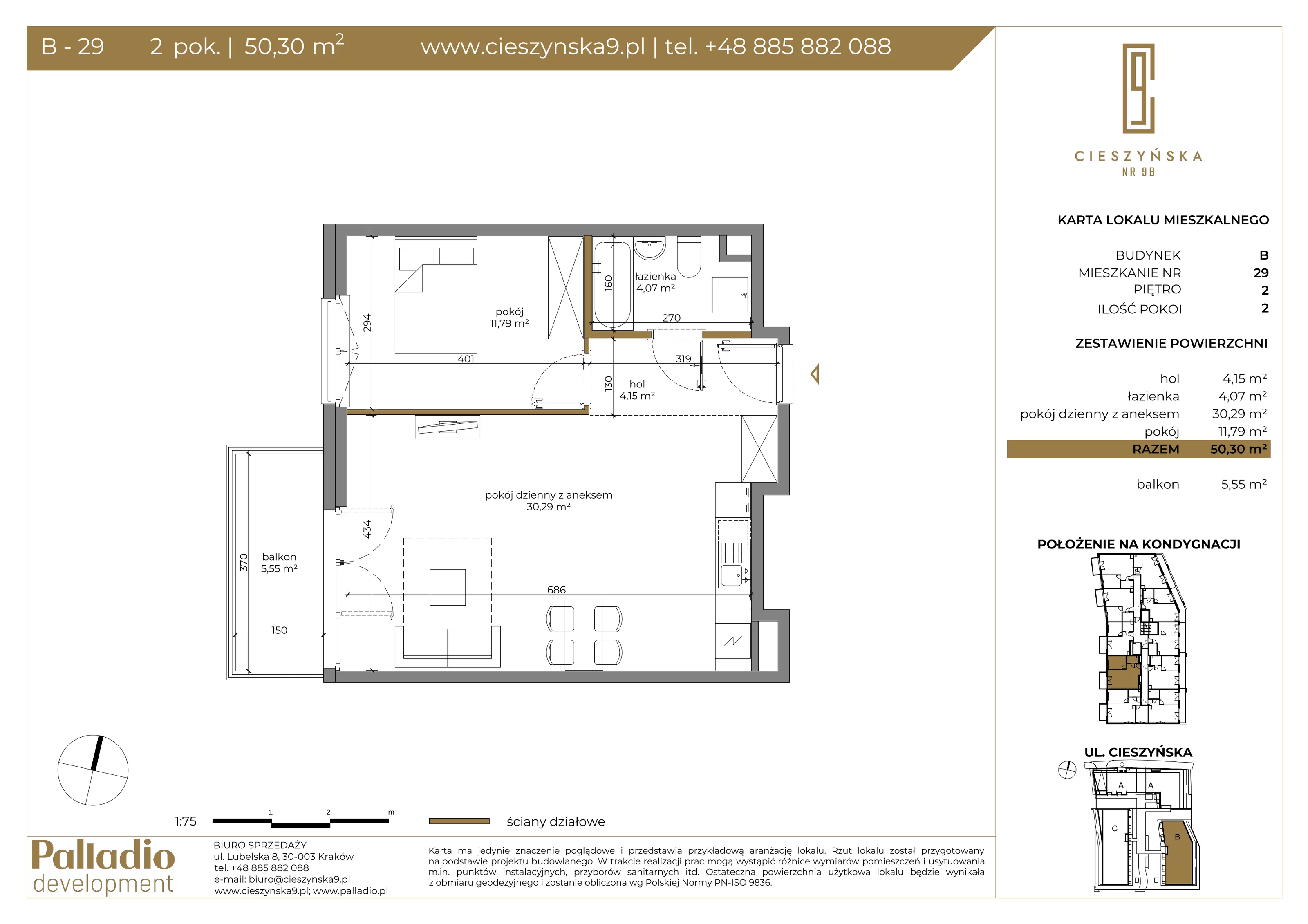 2 pokoje, apartament 50,19 m², piętro 2, oferta nr B-29, Cieszyńska 9, Kraków, Krowodrza, Łobzów, ul. Cieszyńska 9