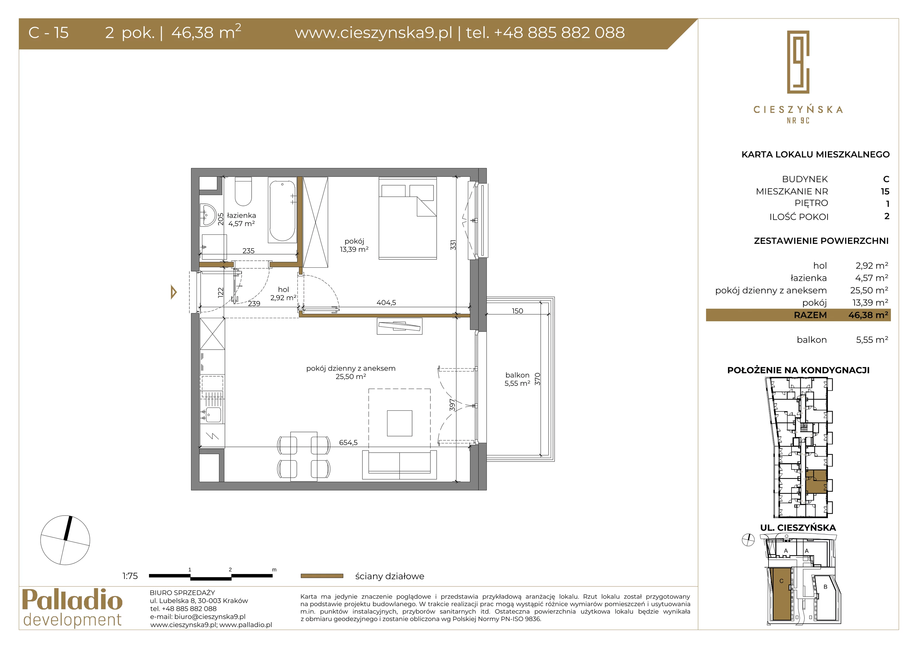 Mieszkanie 46,38 m², piętro 1, oferta nr C-15, Cieszyńska 9, Kraków, Krowodrza, Łobzów, ul. Cieszyńska 9