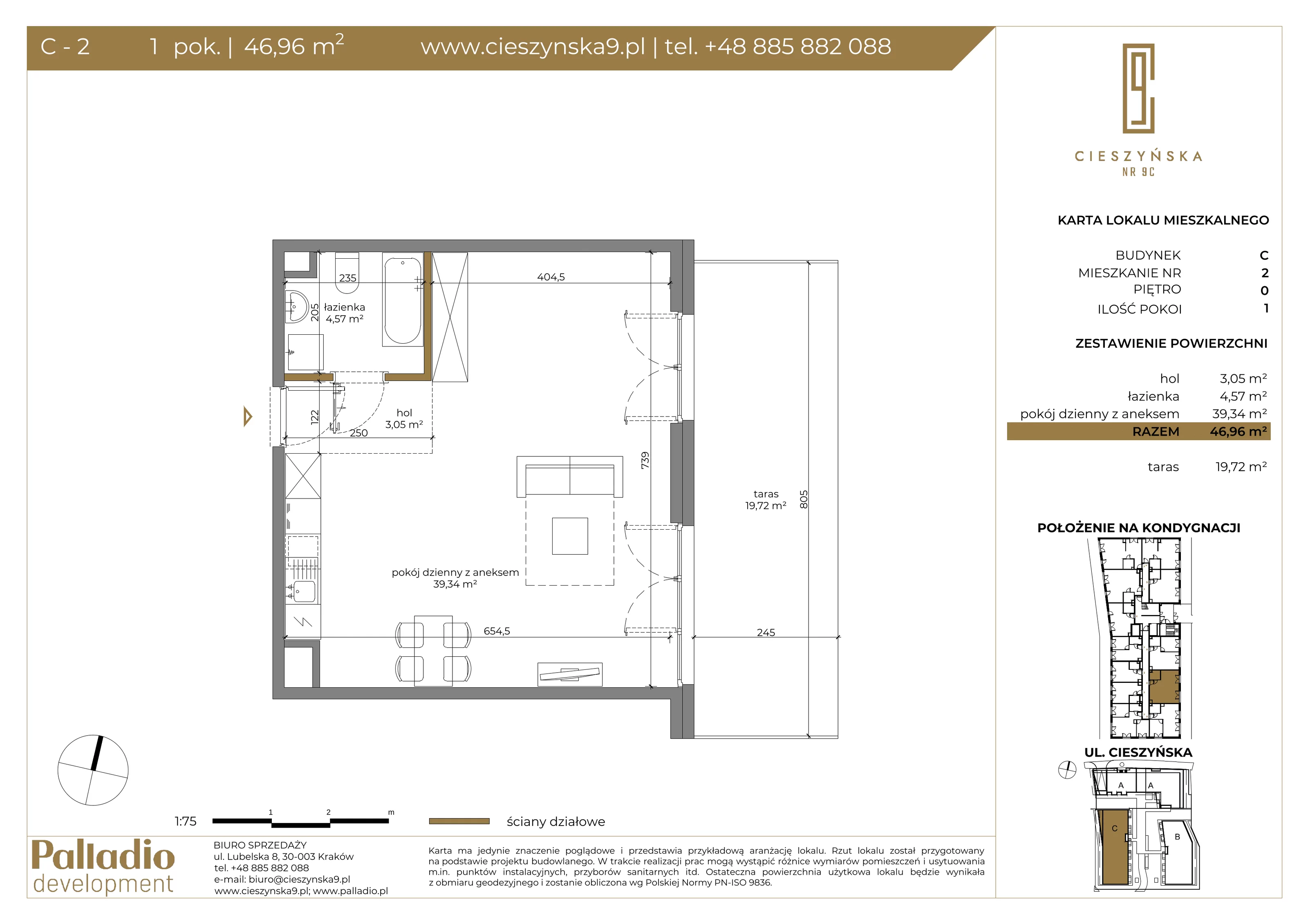 Mieszkanie 46,96 m², parter, oferta nr C-2, Cieszyńska 9, Kraków, Krowodrza, Łobzów, ul. Cieszyńska 9