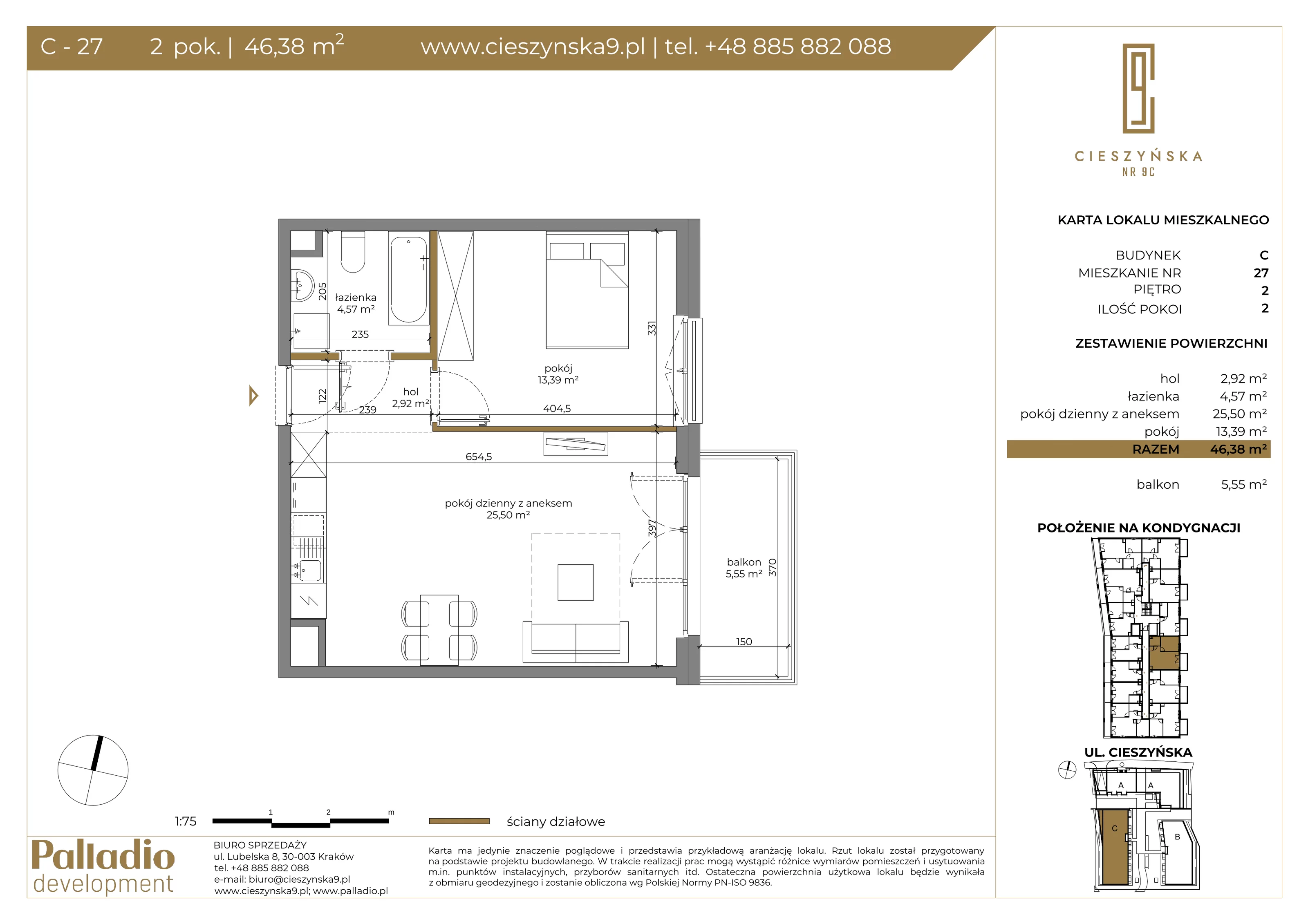 Mieszkanie 46,38 m², piętro 2, oferta nr C-27, Cieszyńska 9, Kraków, Krowodrza, Łobzów, ul. Cieszyńska 9