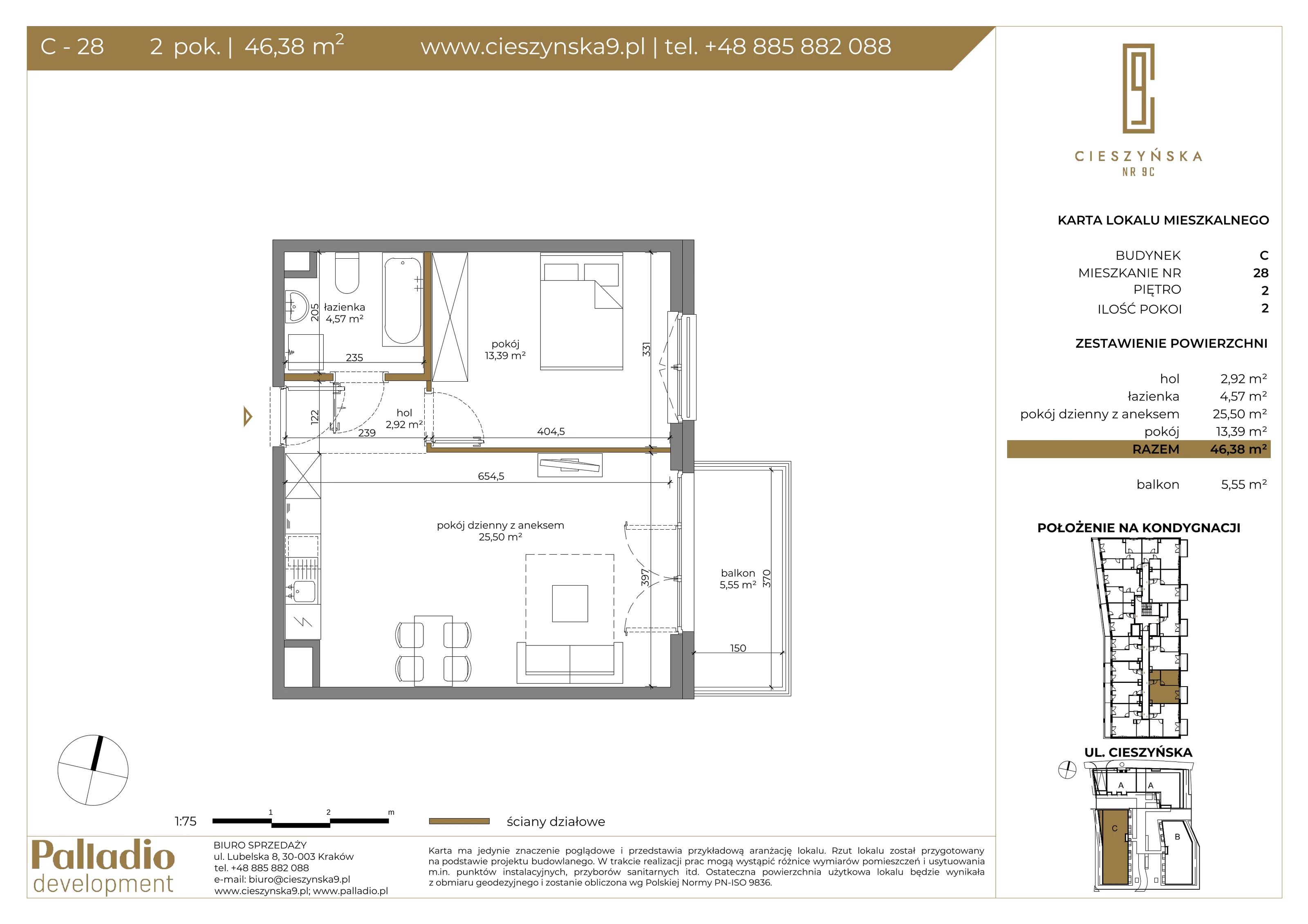 Mieszkanie 46,38 m², piętro 2, oferta nr C-28, Cieszyńska 9, Kraków, Krowodrza, Łobzów, ul. Cieszyńska 9