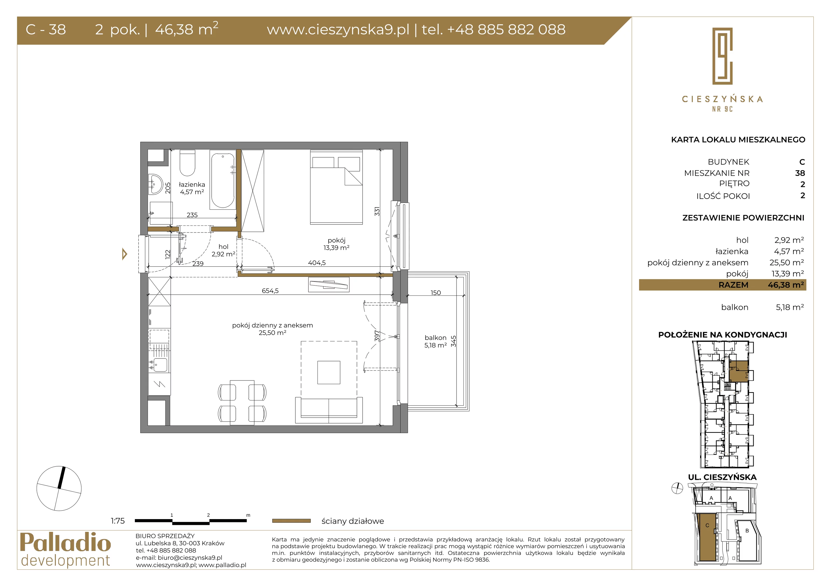 Mieszkanie 46,38 m², piętro 2, oferta nr C-38, Cieszyńska 9, Kraków, Krowodrza, Łobzów, ul. Cieszyńska 9