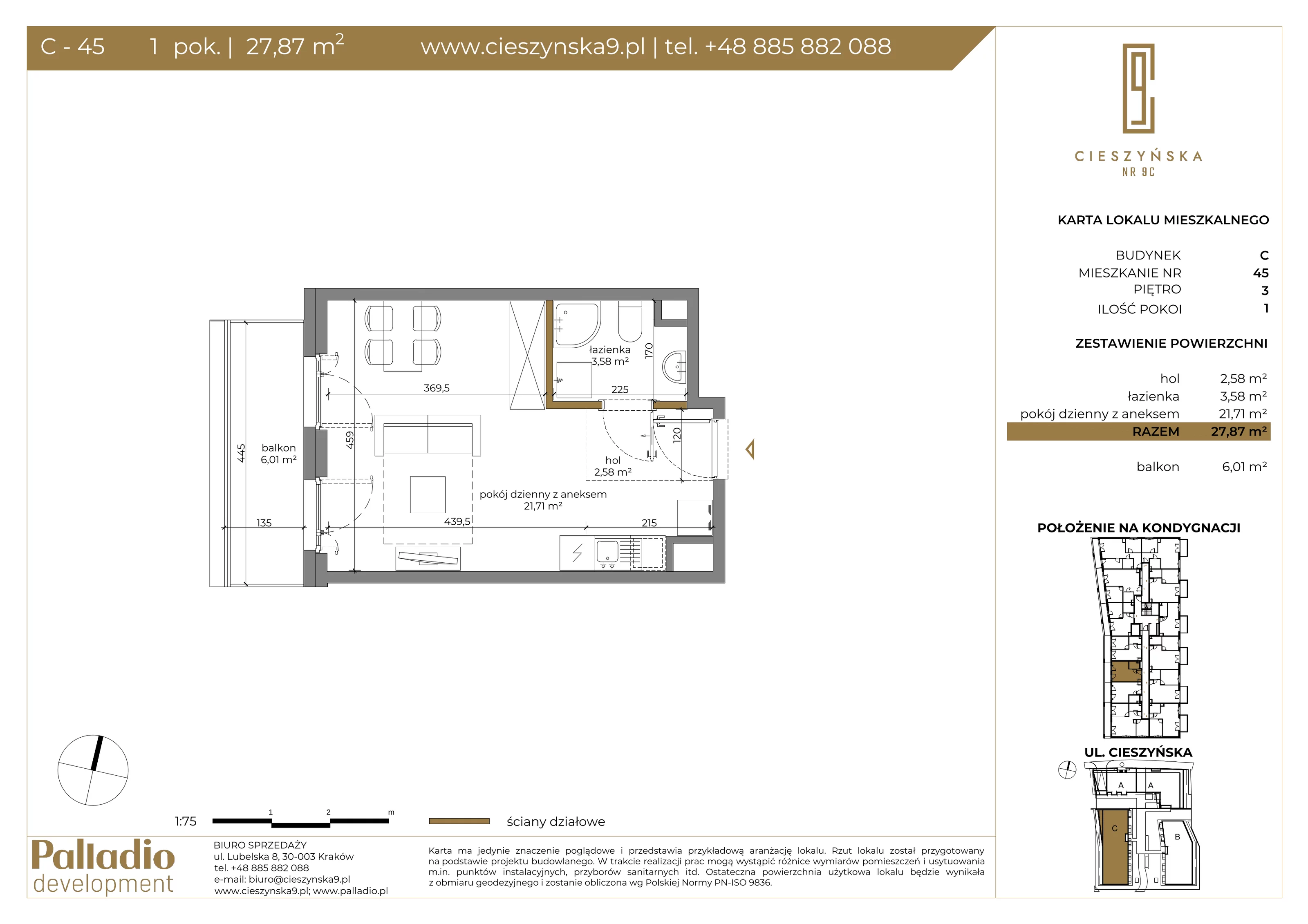 1 pokój, apartament 27,84 m², piętro 3, oferta nr C-45, Cieszyńska 9, Kraków, Krowodrza, Łobzów, ul. Cieszyńska 9